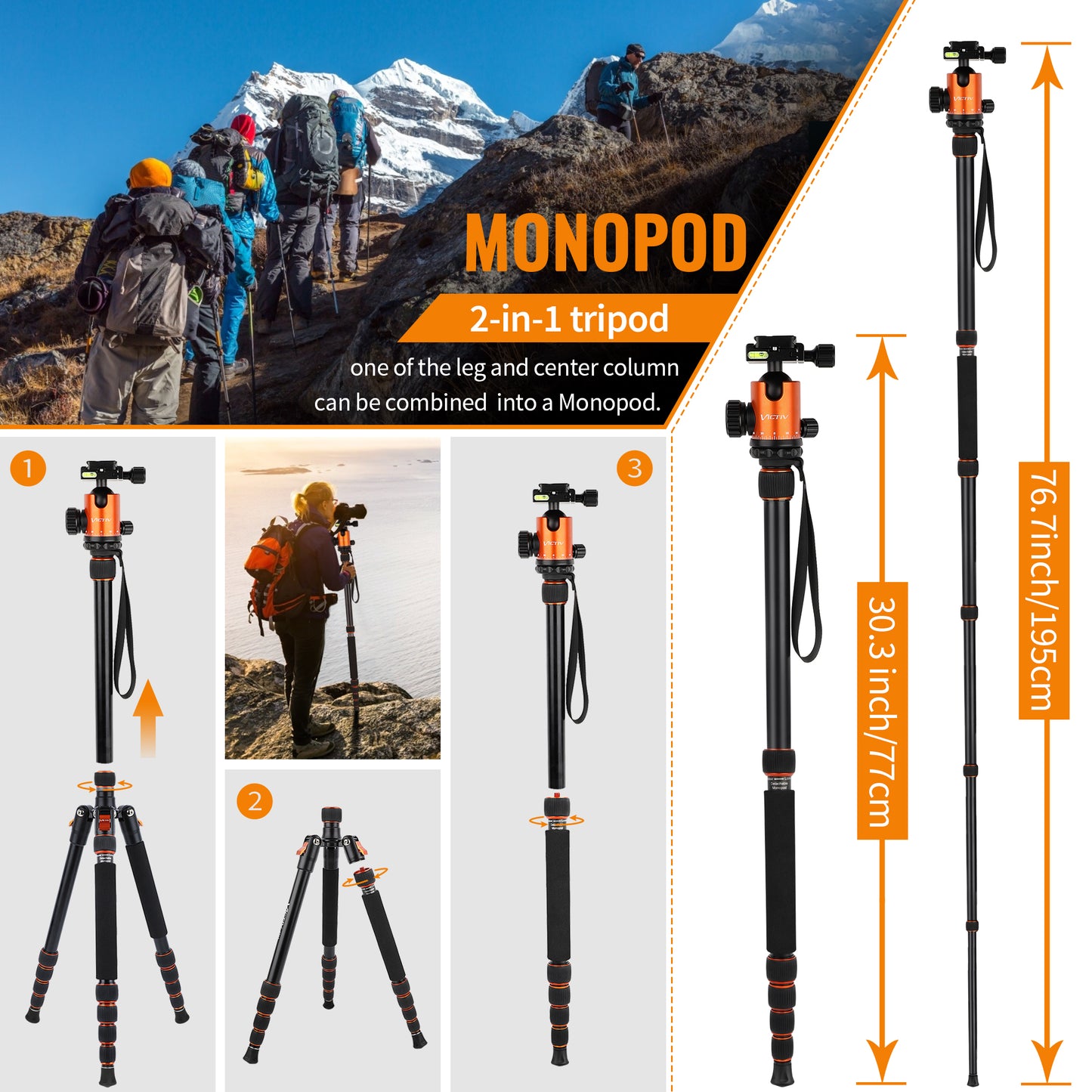Victiv 80" Camera Tripod, Aluminum Heavy Duty Tripod Stand with 360° Ball Head, Camera Tripods & Monopods with Carry Bag, Suitable for Canon Nikon Binoculars Spotting Scope Telescope(US
