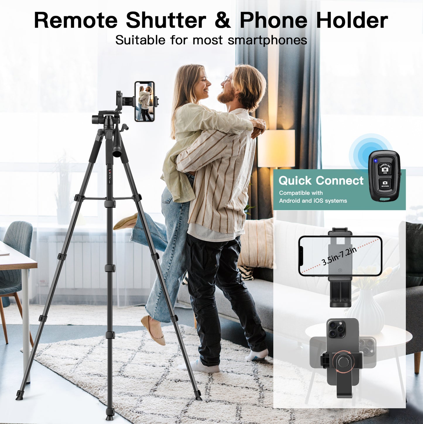 Victiv 67.7" Camera Tripod, Camera Stand Lightweight Tripod for Smartphone with Detachable Head, Portable Travel DSLR Tripod for Canon/Nikon/Sony/Fuji（EU）