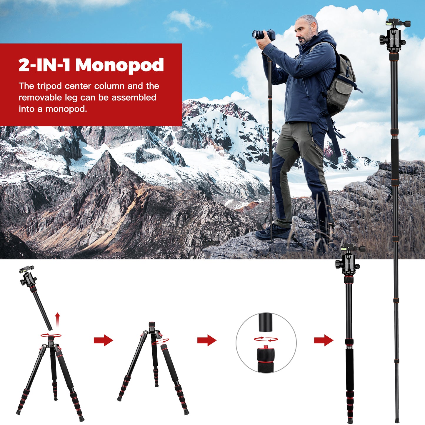 Camera Tripod, 80" Aluminum Heavy Duty Camera Tripod Stand with 360° Ball Head, Phone Holder & Carry Bag, Professional Camera Tripods & Monopods for Camera, Phone, 34lb Max Load(US)