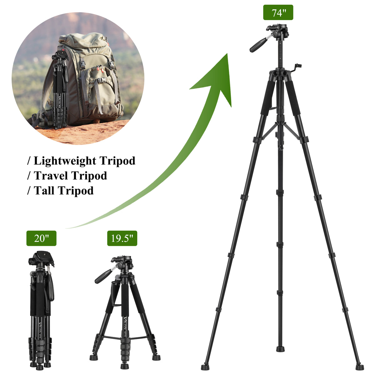 VICTIV Professional 74'' Aluminium Camera Tripod Stand, Heavy Duty Tripod Stand for Photo and Video Shooting, 1/4 Screw Compatible with DSLR, iPhone, Samsung, Spotting Scope, Max Load 9.5Lb(IN)