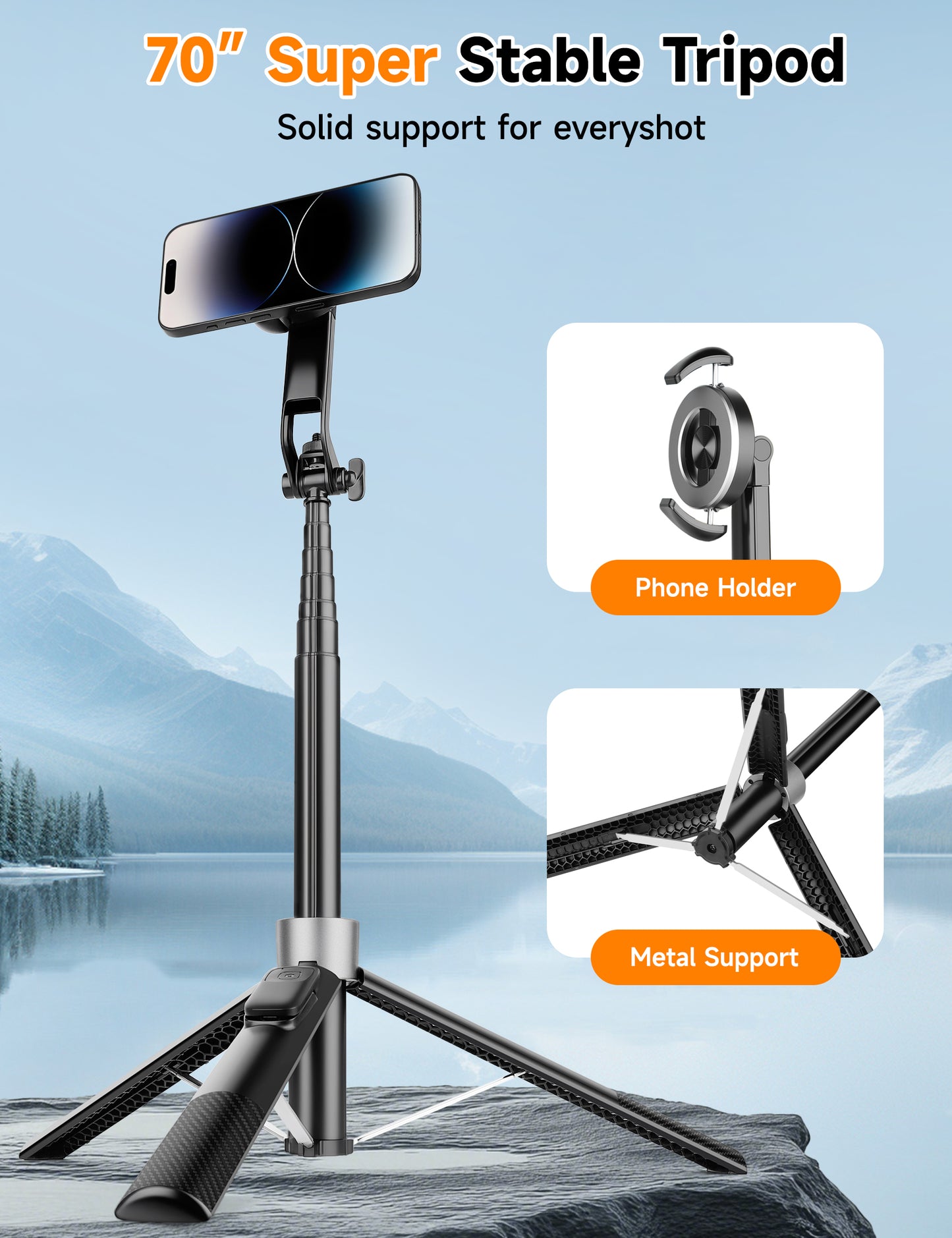 Magnetic Phone Tripod, 70" Selfie Stick Tripod for iPhone Magsafe with Rechargeable Remote & 2 in 1 Magnetic Holder, Portable Cellphone Stand for Recording Travel, Compatible with iPhone and Android-P67