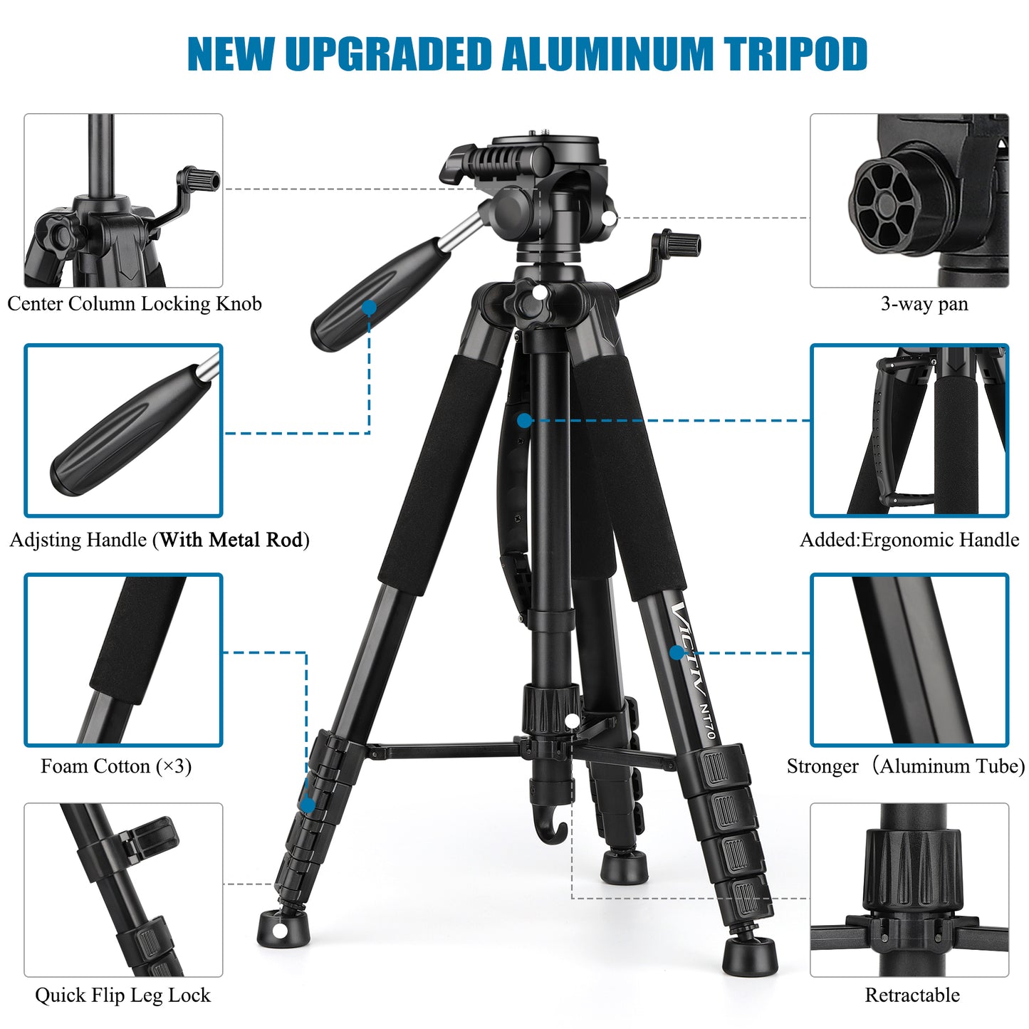 VICTIV 74” Camera Tripod, Tripod for Camera and Phone, Aluminum Professional Tripod Stand for Canon Nikon with Carry Bag and Phone Holder, Compatible with DSLR, iPhone, Spotting Scopes, Max Load 9.5Lb(US)