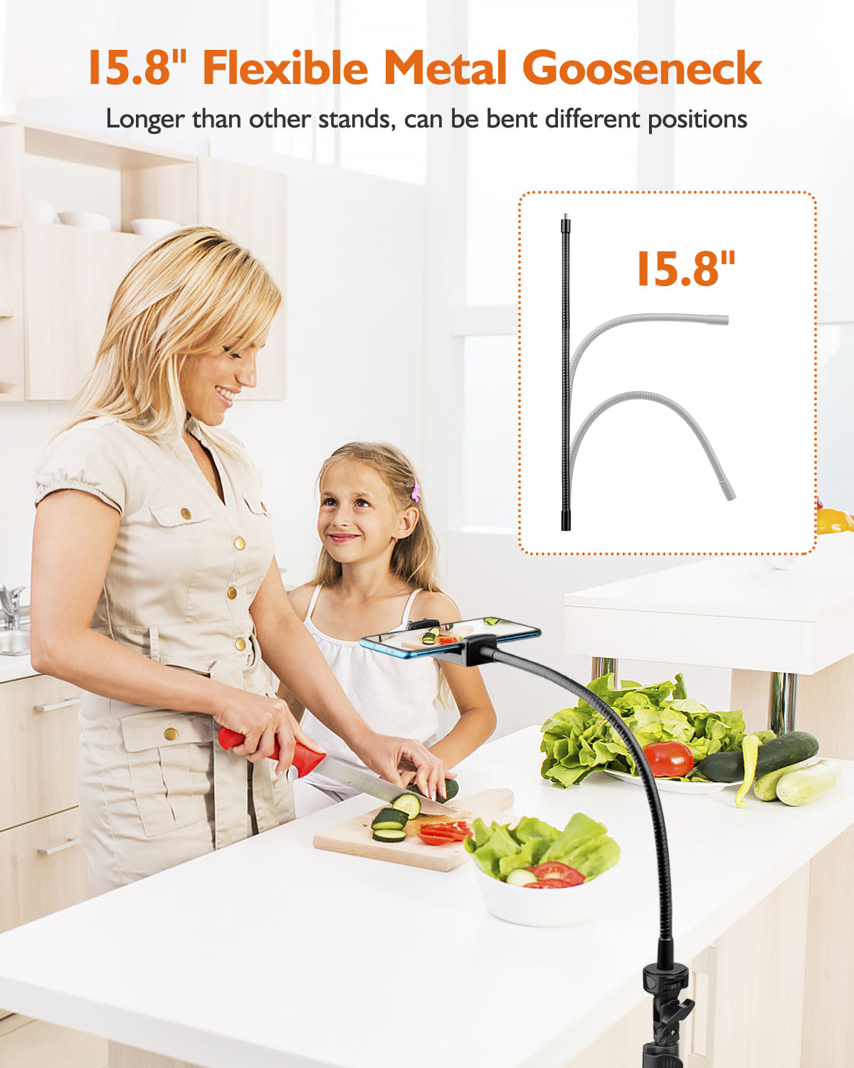 Phone Tripod, 85" Tall Tripod for iPhone with Gooseneck and Remote, Overhead Phone Stand for Recording Watching Cooking Fitness Vlog, Compatible with iPhone Android, Black(US)