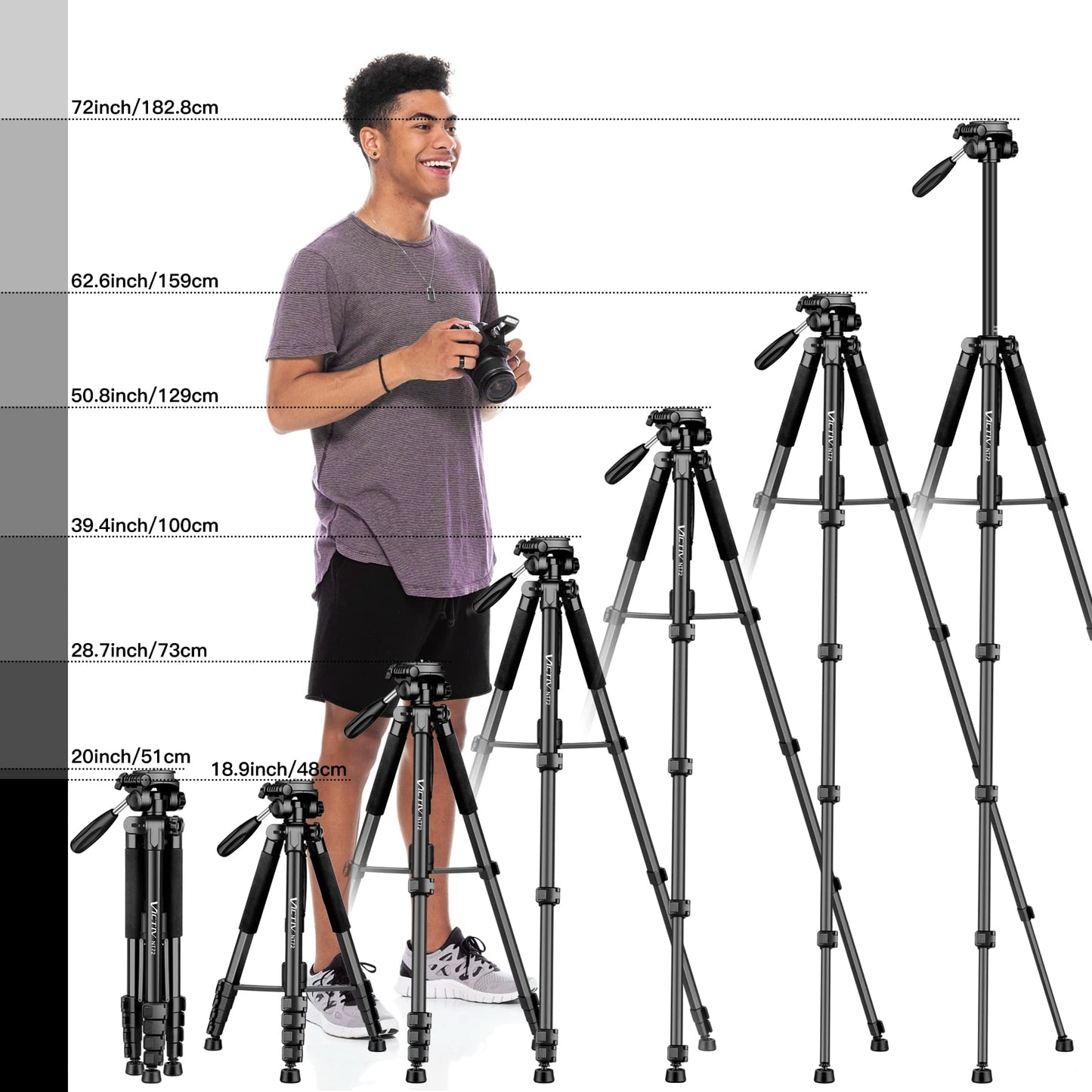Victiv 72-inch Camera Tripod Aluminum Monopod T72 Max. Height 182cm- Lightweight and Compact for Travel with 3-way Swivel Head and 2 Quick Release Plates for DSLR Video Shooting - Black