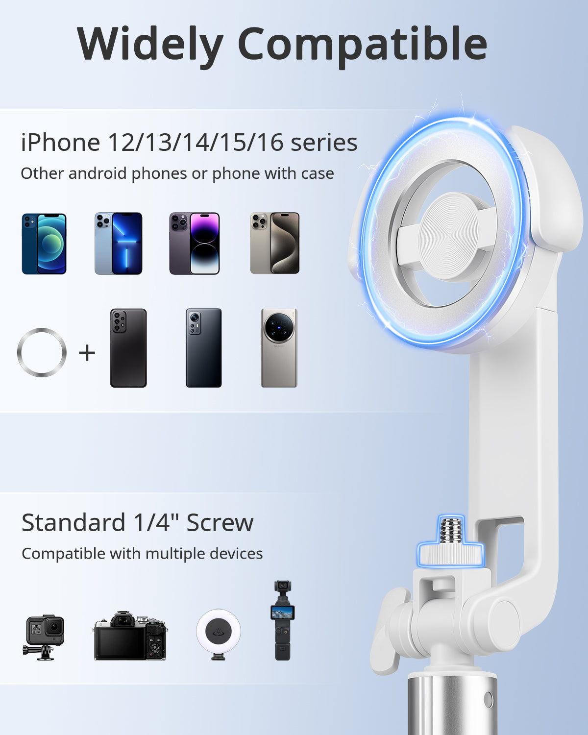 Victiv Magnetic Selfie Stick Tripod for iPhone, 70" Phone Tripod Stand for Filming with Rechargeable Remote, Mag-safe Selfie Stick for Video Recording, Vlogging & Content Creation-White(EU)