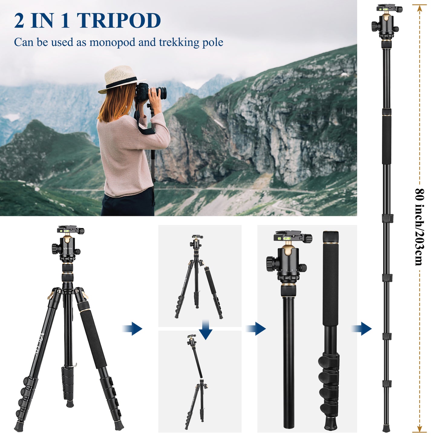 77" Aluminum Camera Tripods & Monopods, Victiv Compact Travel Tripod for Camera DSLR, Spotting Scope,Telescope, Binoculars, Porfessional Heavy Duty Camera Tripod Stand for Photography Video Recording(GOLDEN US)