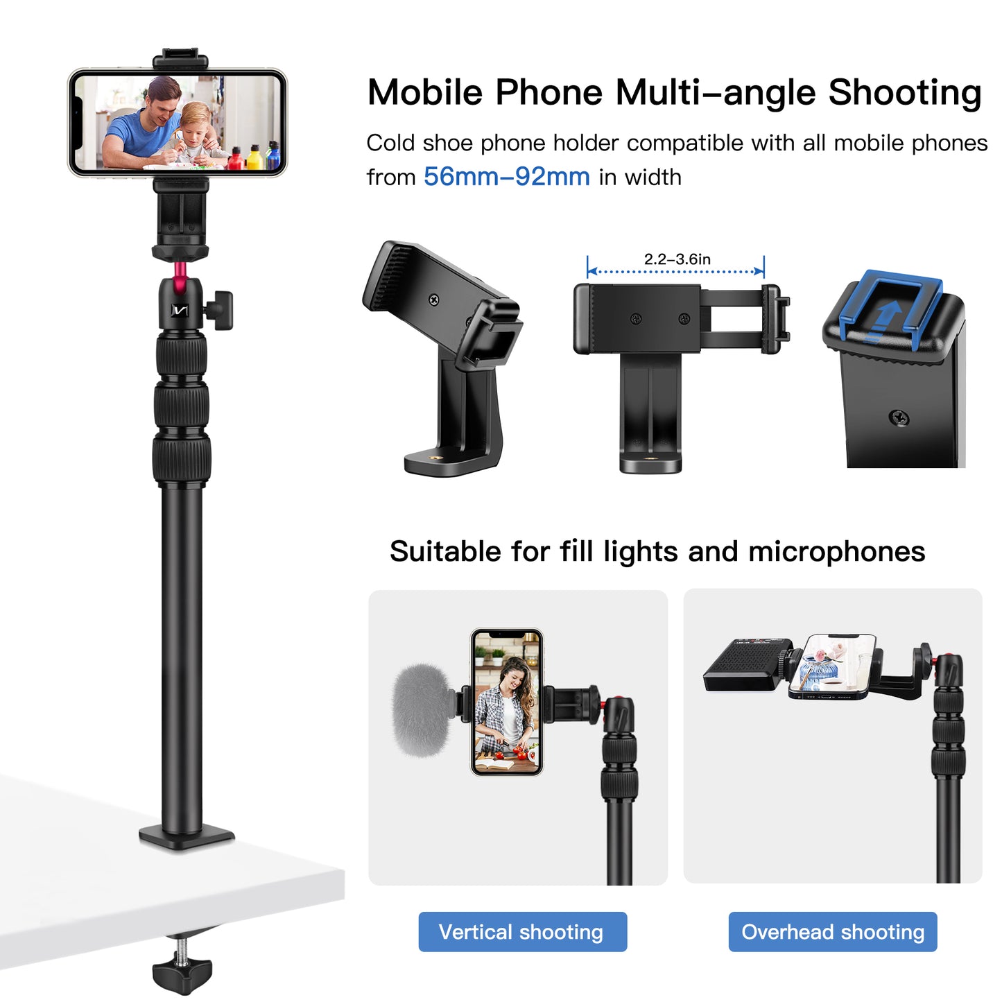 Victiv 14.5"-41.3" Adjustable Overhead Phone Mount, Aluminum Camera Mount with Overhead Boom Arm for iPhone, C-stand Desk Mounts with 2 Pieces 1/4" Ball Heads for Phone Camera Webcam Ring Light(EU)