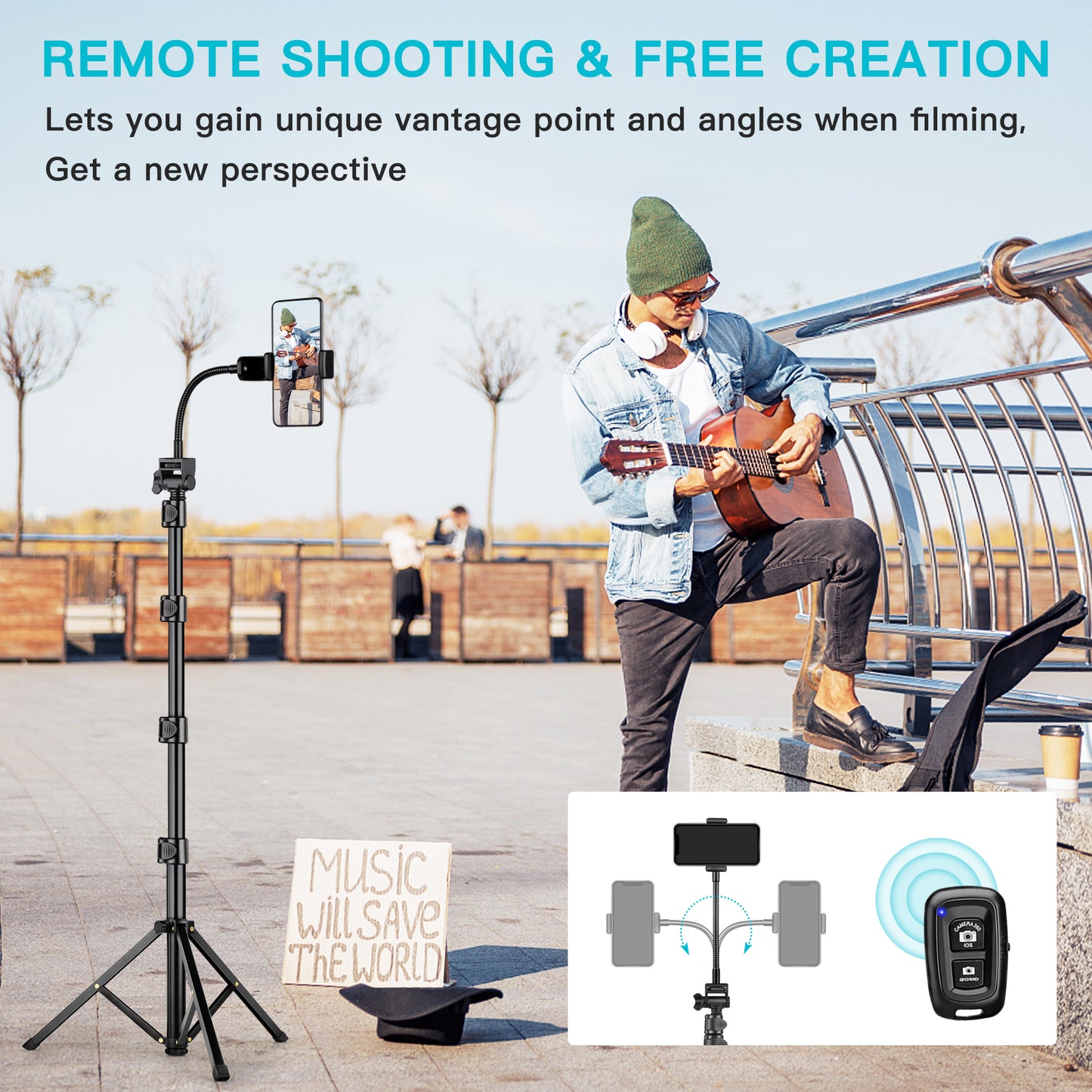 74" Flexible Phone Tripod, Tall Cell Phone Tripod with Adjustable Gooseneck & Remote, Portable Camera Cellphone Stand for Video Recording, Compatible with iPhone Android