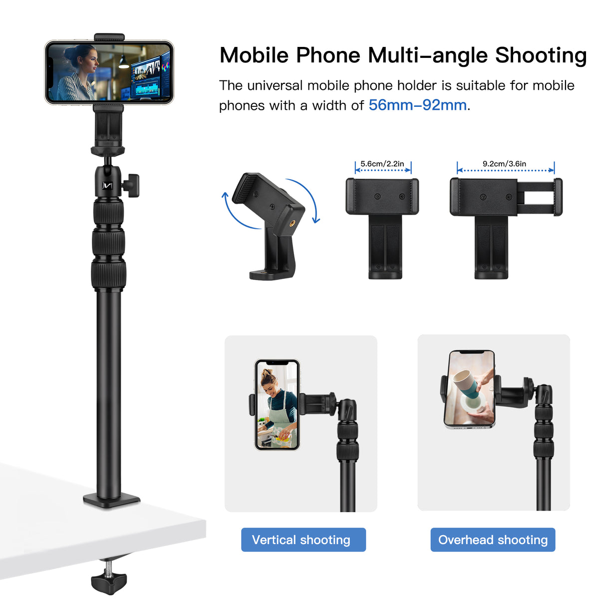 Victiv Camera Desk Mount, 14.5-41.3" Adjustable Aluminum Table Stand, C-stand Tabletop Light Stand with 1/4" Ball Heads for Smartphones/Camera/Webcam/Ring Light- Black(EU