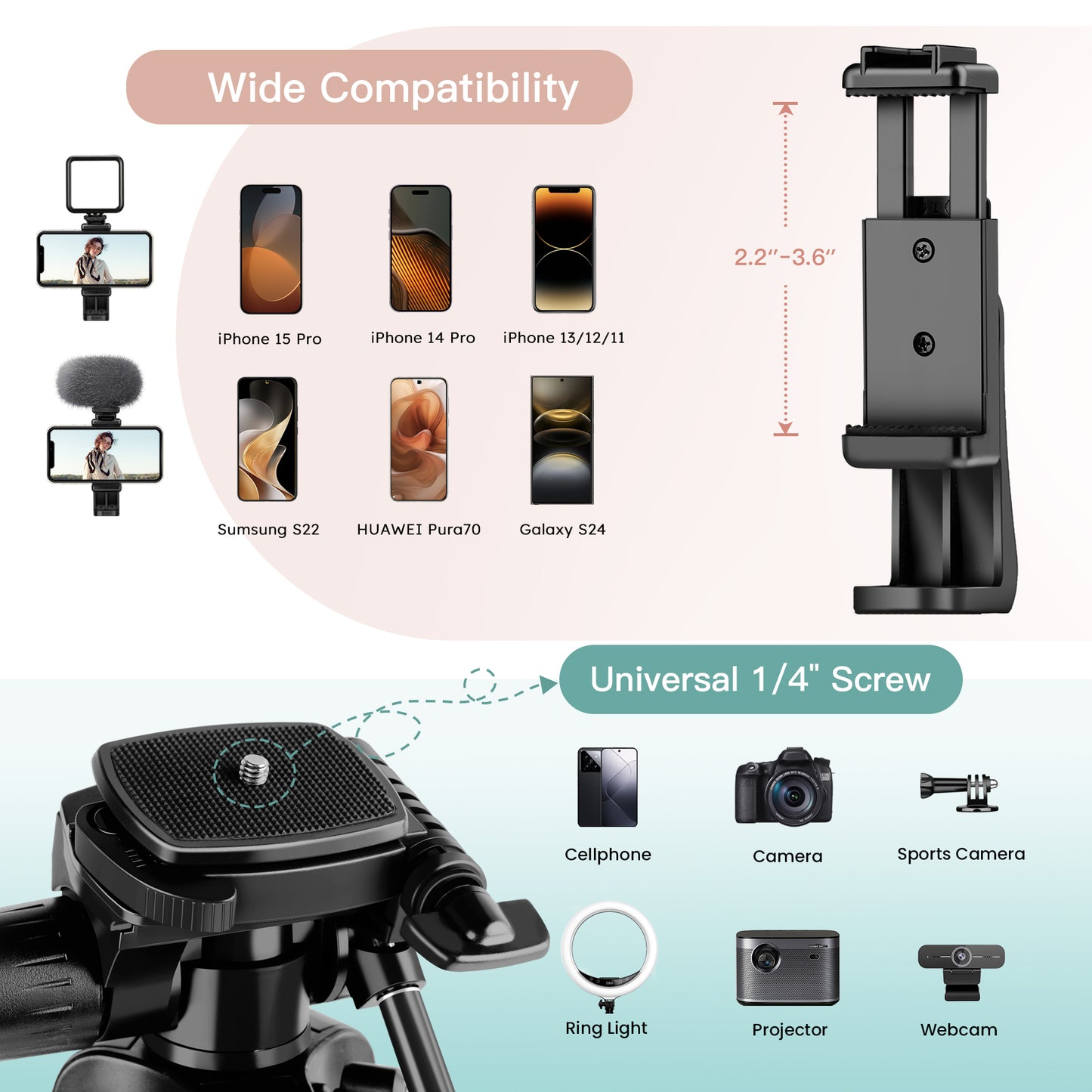 Victiv 67.7" Camera Tripod, Camera Stand Lightweight Tripod for Smartphone with Detachable Head, Portable Travel DSLR Tripod for Canon/Nikon/Sony/Fuji（EU）