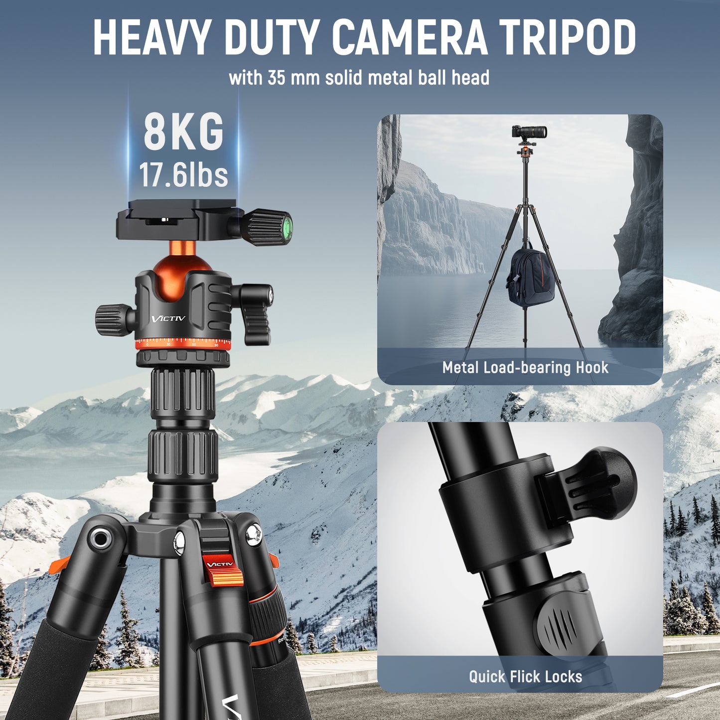 Victiv 78"/ 198cm Camera Tripod for Canon Sony Nikon, DSLR Tripod Lightweight with Monopod for Travel, Compact Tripods with Ball Head and Phone Holder, Tall Camera Stand Max Load 8kg(EU)
