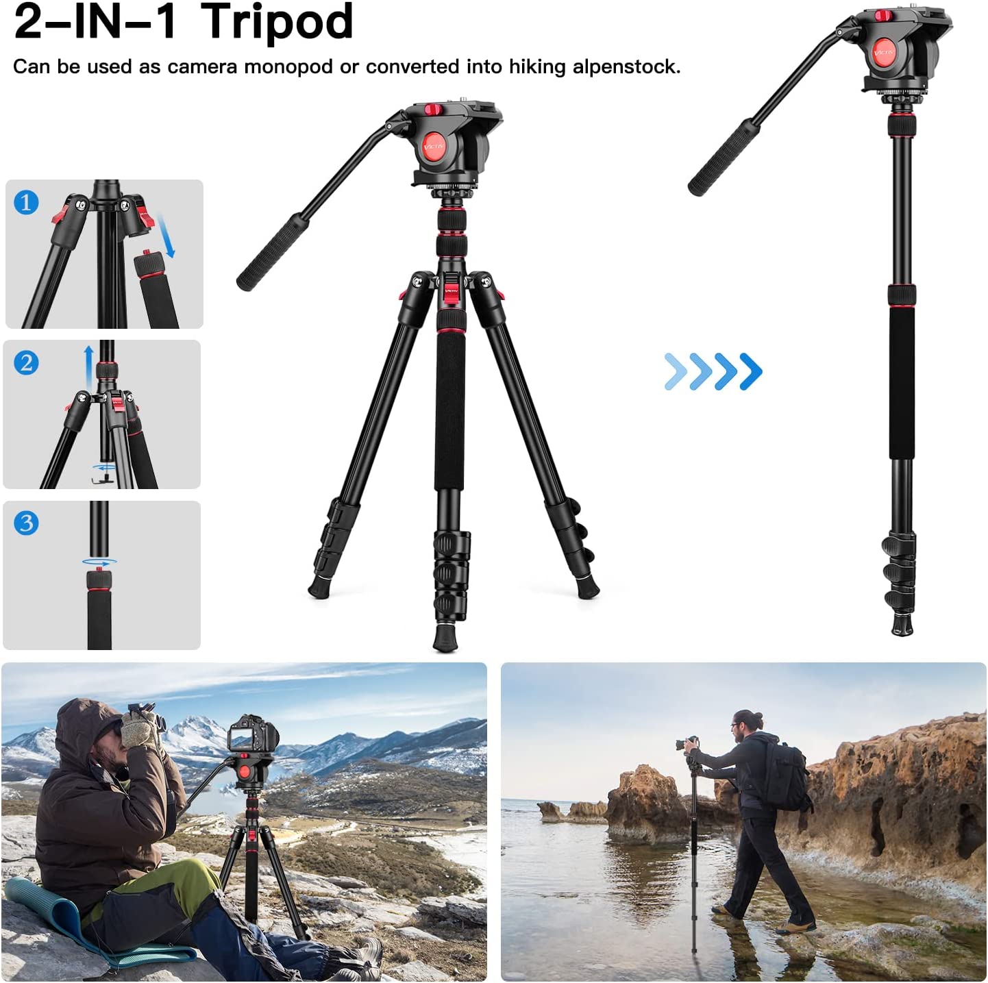 Tripod Camera Tripods, 72" Video Tripod with Fluid Head, Aluminum Heavy Duty Tripod with Carry Bag, Professional Camera Tripods & Monopods, Compatible with Video Camera, DSLR, Camcorder