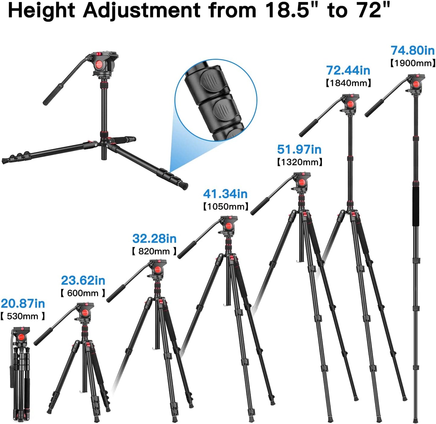 Tripod Camera Tripods, 72" Video Tripod with Fluid Head, Aluminum Heavy Duty Tripod with Carry Bag, Professional Camera Tripods & Monopods, Compatible with Video Camera, DSLR, Camcorder