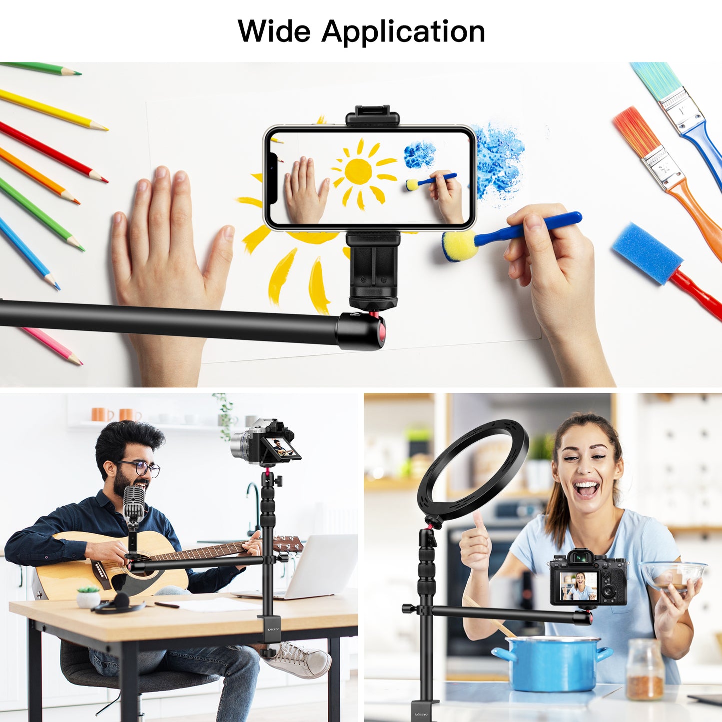 Victiv 14.5"-41.3" Adjustable Overhead Phone Mount, Aluminum Camera Mount with Overhead Boom Arm for iPhone, C-stand Desk Mounts with 2 Pieces 1/4" Ball Heads for Phone Camera Webcam Ring Light(EU)