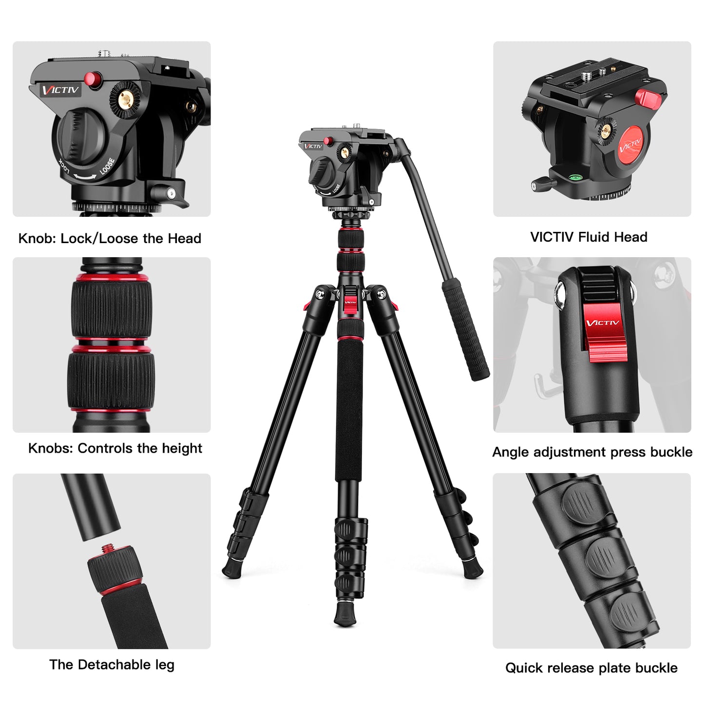 Victiv Camera Tripod, 72" Video Tripod with Fluid Head, Aluminum Heavy Duty Tripod with Carry Bag, Professional Camera Tripods & Monopods, Compatible with Canon, Sony, DSLR, Camcorder(US