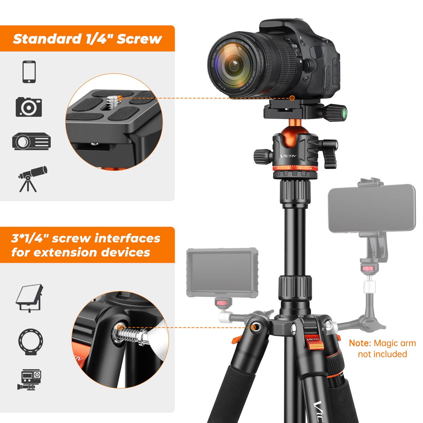 Victiv 78.7"/ 200cm Tall Camera Tripod for Canon Sony Nikon - Aluminum Stand with Monopod and Metal Hook - Compact Travel Design, Max Load 17.6lb/8kg(EU)