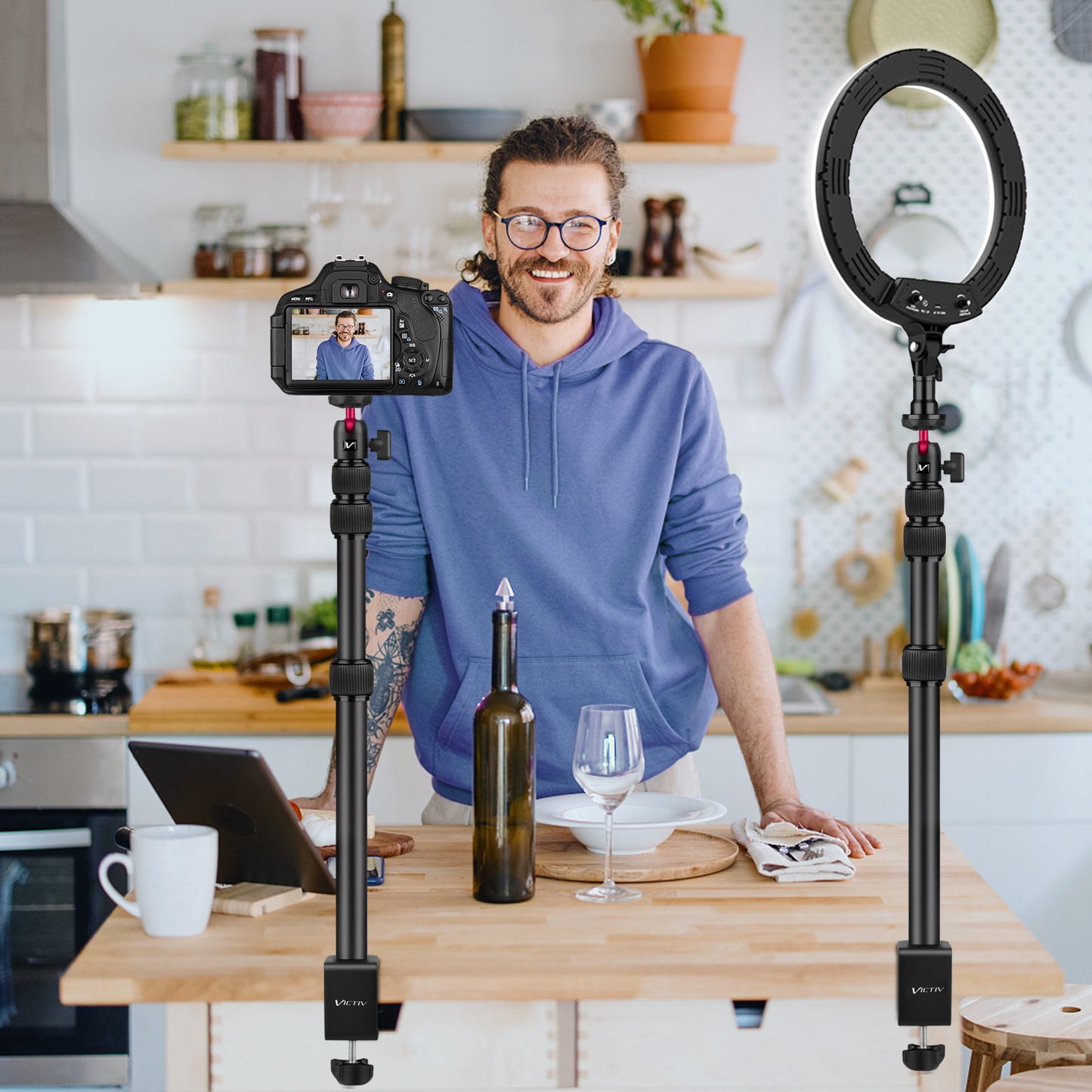 Victiv Webcam Desk Mount, 14.5"- 41.3" Aluminum Adjustable Table Stand, C-clamp Tabletop Light Stand with 1/4" Ball Head for Smartphone/Camera/Webcam/Ring Light- Red(EU))