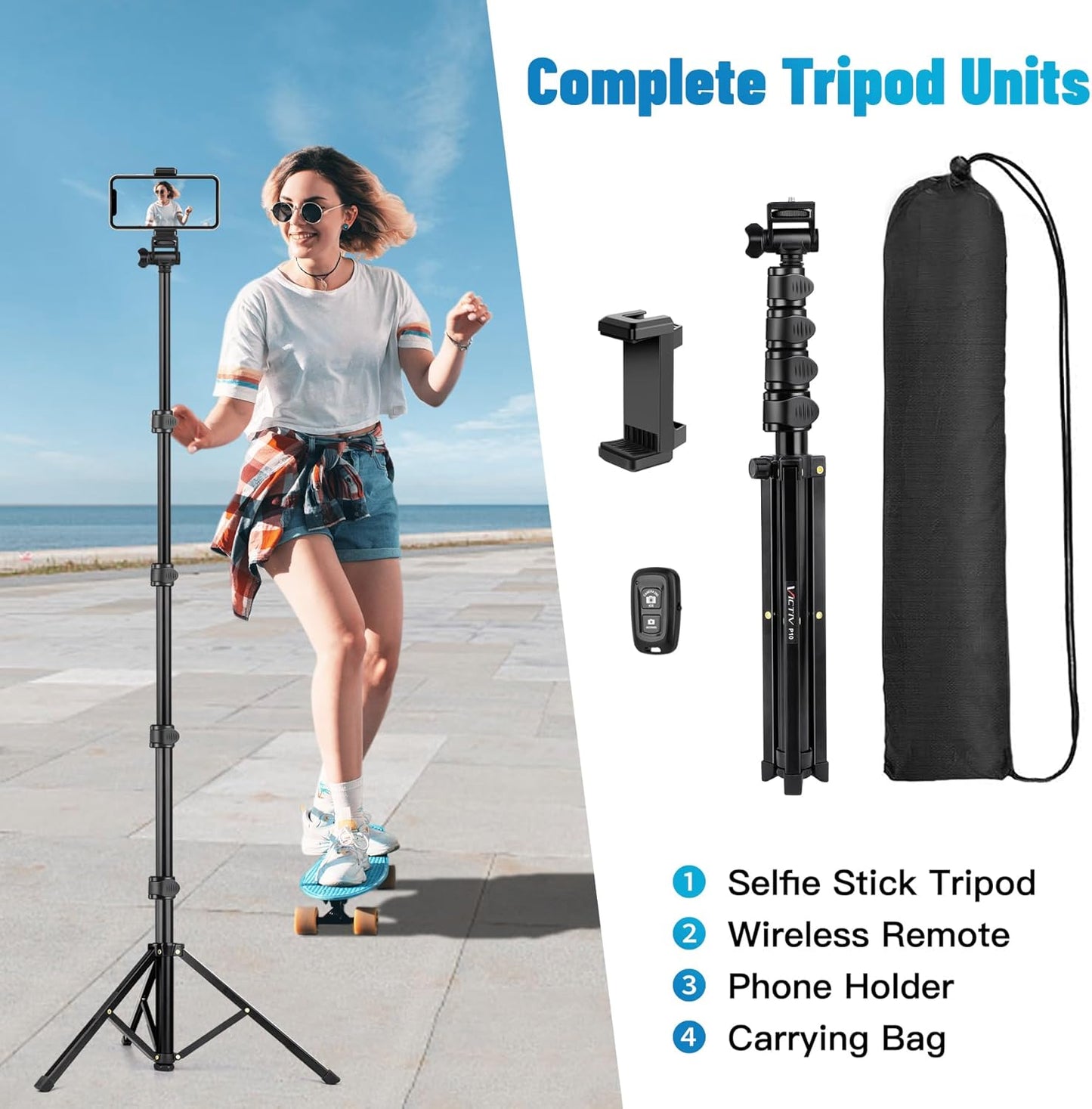 Victiv Phone Tripod, 70" Tripod for iPhone with Remote and Phone Holder, Sturdy & Stable, Adjustable Camera Stand & Selfie Stick Mode, Perfect for Selfies/Recording/Vlogging/Live Streaming(US)