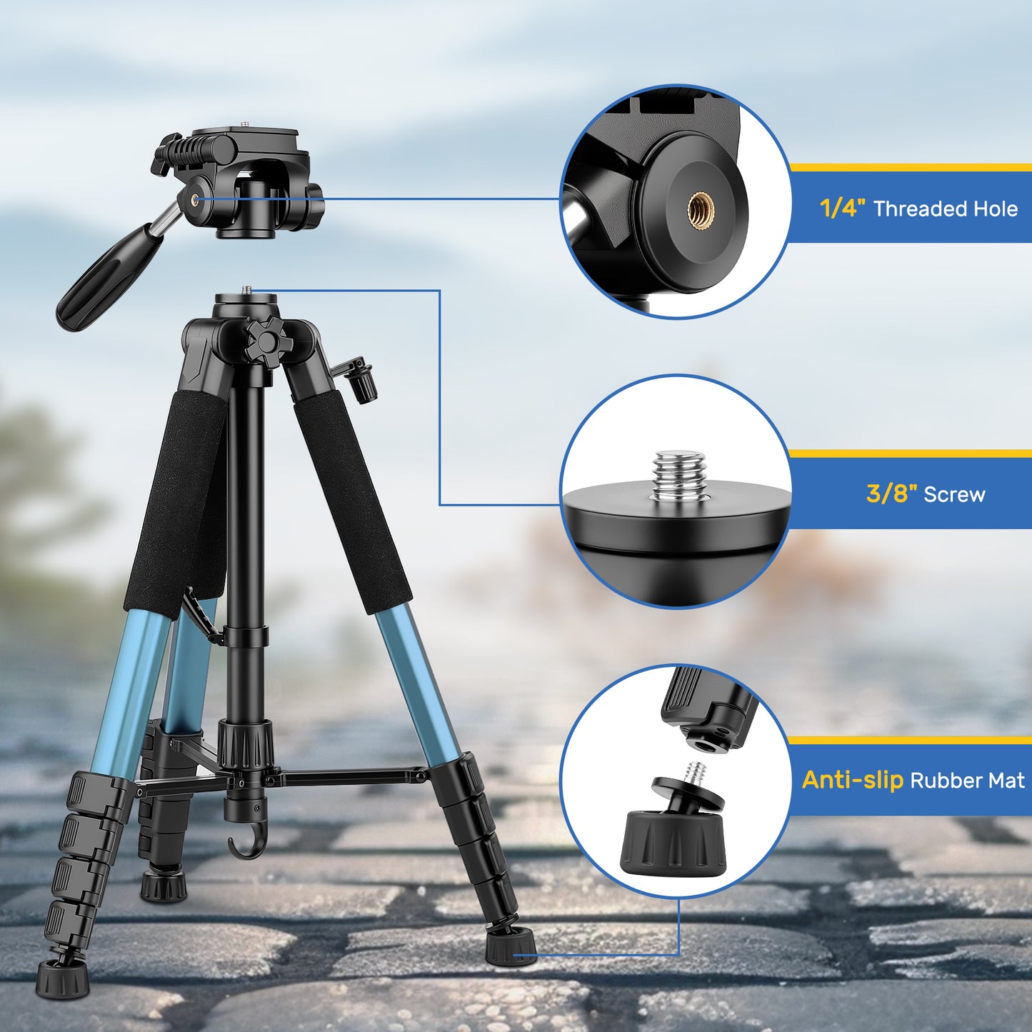 Victiv 188cm Camera Tripod for Canon Sony Nikon, Travel Tripod with Detachable 3-way Swivel Head, Camera Stand with Phone Holder & Remote Control, Upgraded Tripods with 1/4" Extension Interface-Blue(EU)