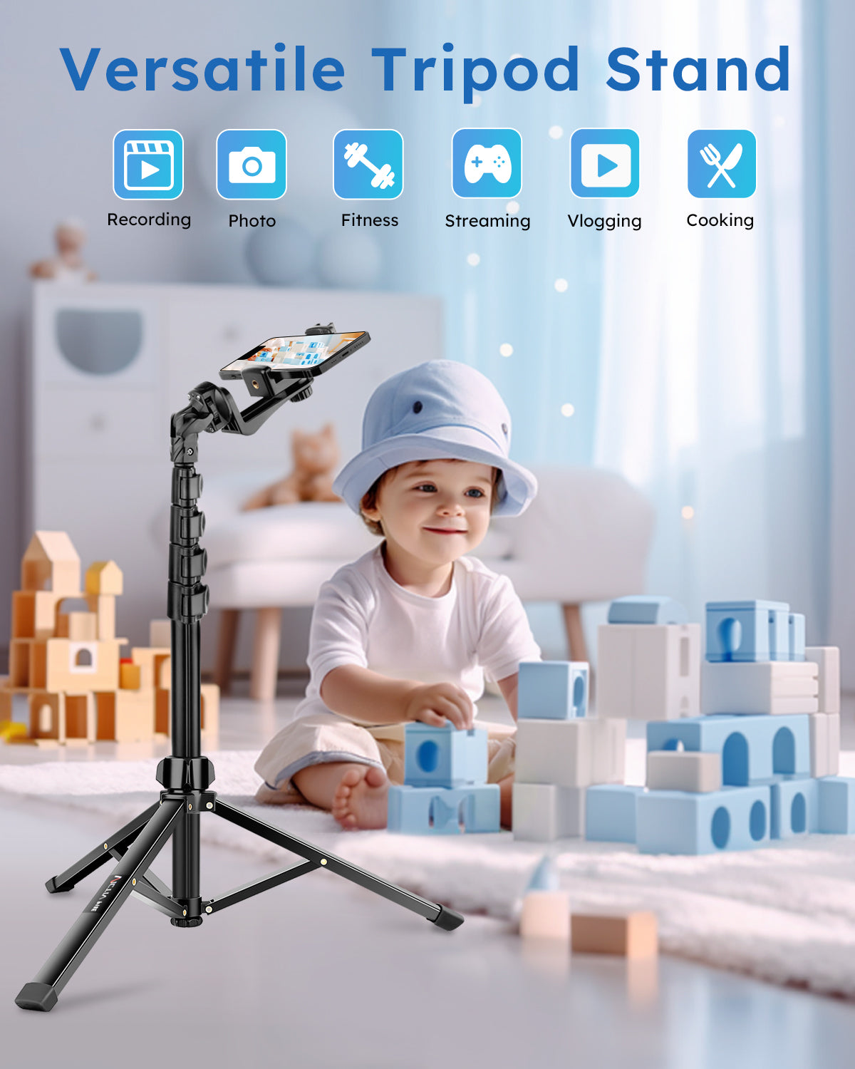 Phone Tripod, 72" Camera Stand Tripod with Remote and Phone Holder, Stable & Adjustable Tall, Suit for iPhone/Digital Camera(US)