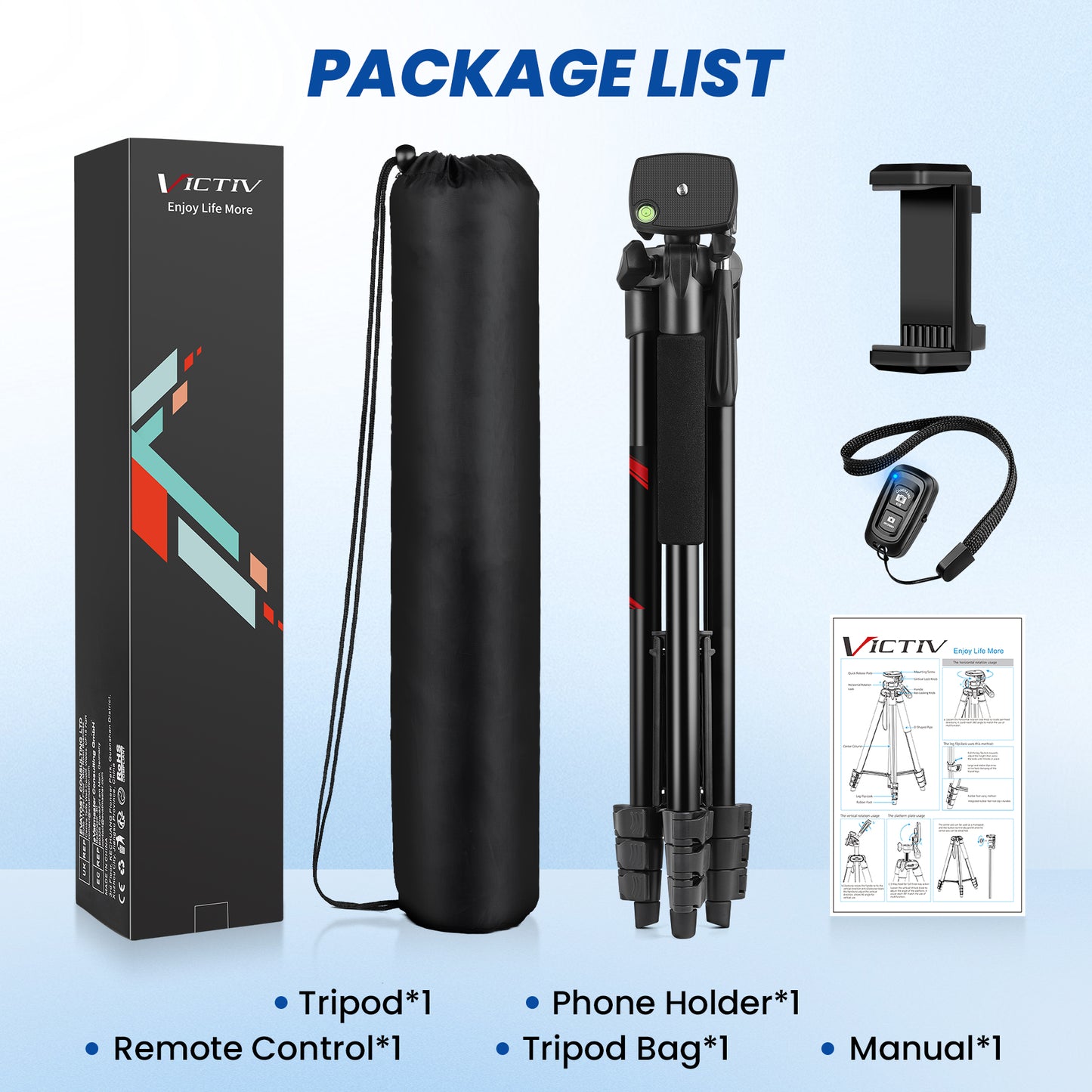 Victiv 64'' Tripod for iPhone, Phone Tripods with Remote and Mobile Phone Stand for Filming, Aluminum Lightweight Travel Tripod for Samsung Smartphone/DSLR/Camera, Portable Extendable Camera Stand(EU)