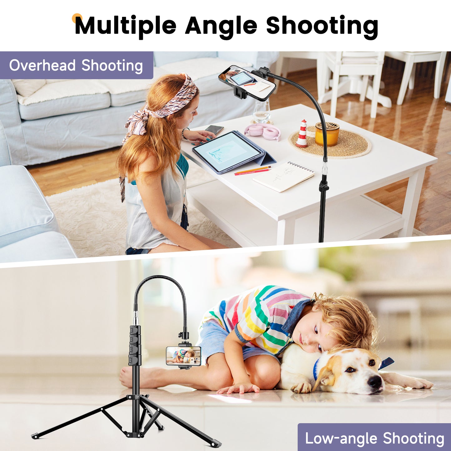 Victiv 88" Tall Tripod for iPhone, Phone Tripods with Gooseneck & Remote and Mobile Phone Stand, Flexible Overhead Tripod iPhone Stand for Filming, Aluminum Tripods for Smartphone/Camera/Ring Light(EU)