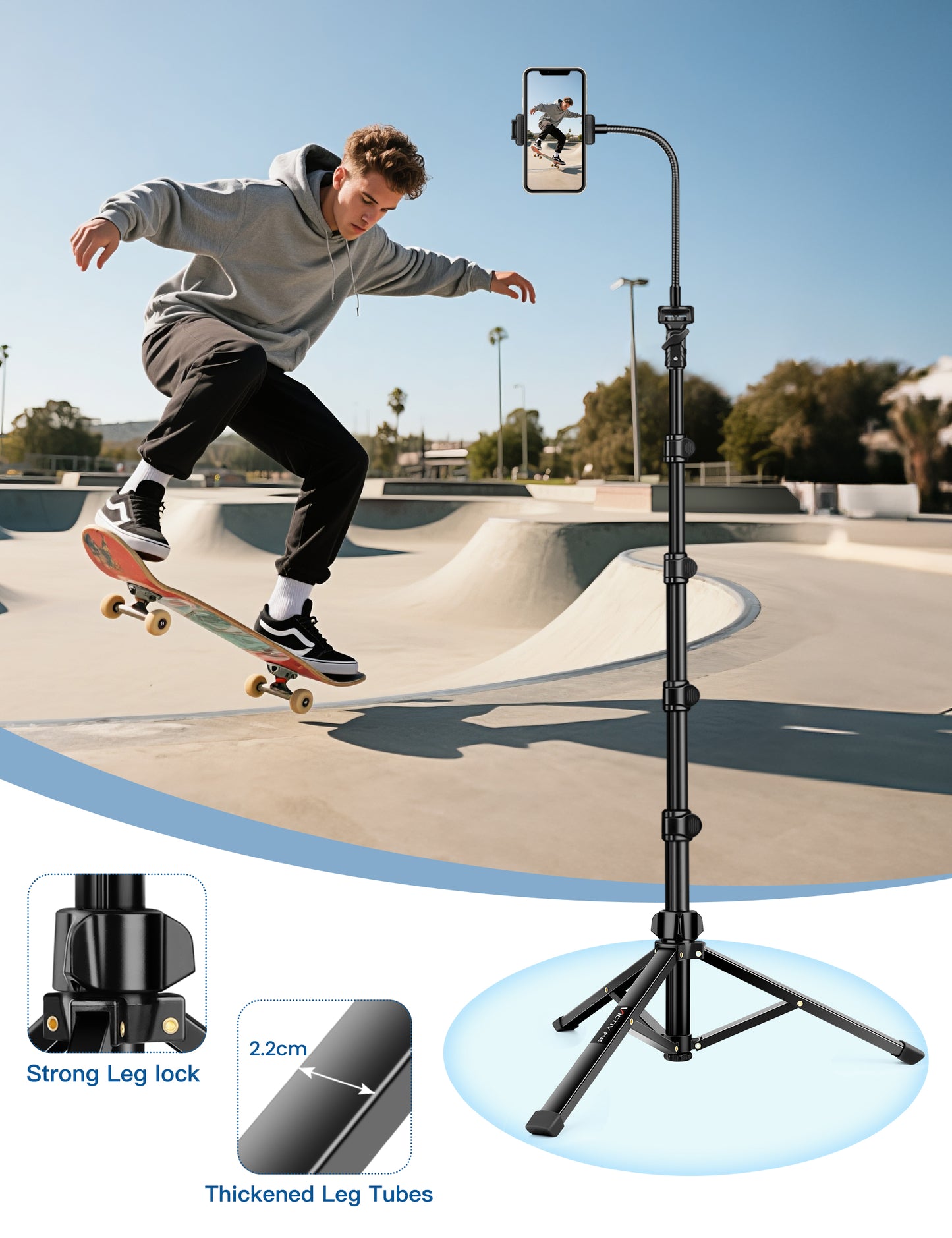 Phone Tripod Stand, 85" Tall Cellphone Tripod for iPhone with Gooseneck Remote, Flexible Portable Phone Stand for Recording, Compatible with iPhone 14 13 12 pro Android Camera（US)）