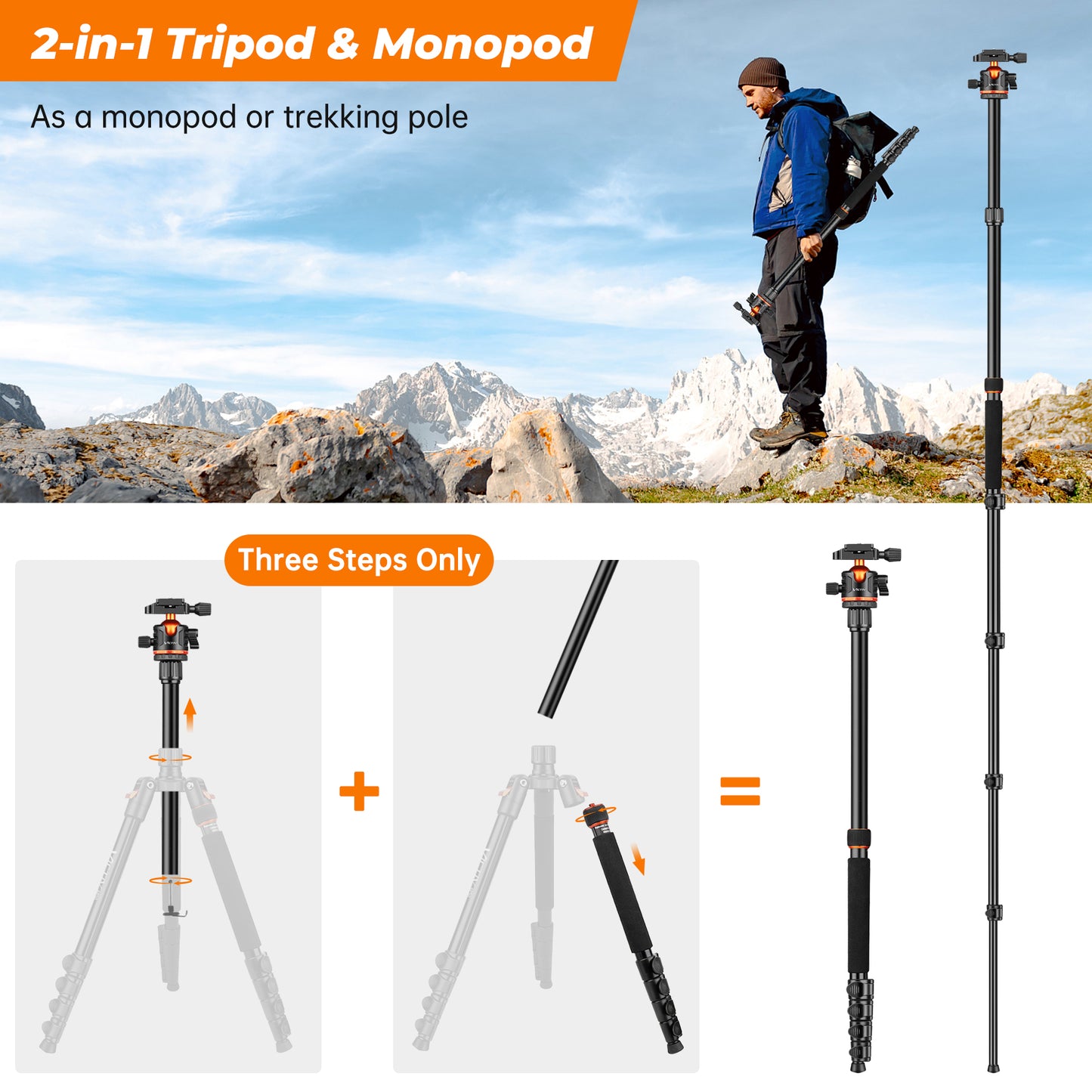 Victiv 78.7"/ 200cm Tall Camera Tripod for Canon Sony Nikon - Aluminum Stand with Monopod and Metal Hook - Compact Travel Design, Max Load 17.6lb/8kg(EU)