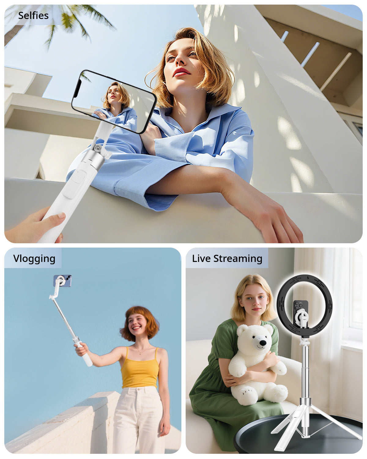 Victiv Magnetic Selfie Stick Tripod for iPhone, 70" Phone Tripod Stand for Filming with Rechargeable Remote, Mag-safe Selfie Stick for Video Recording, Vlogging & Content Creation-White(EU)