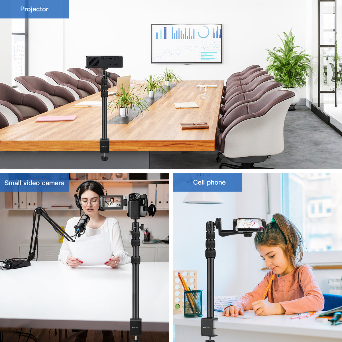 Victiv Camera Desk Mount, 14.5-41.3" Adjustable Aluminum Table Stand, C-stand Tabletop Light Stand with 1/4" Ball Heads for Smartphones/Camera/Webcam/Ring Light- Black(EU
