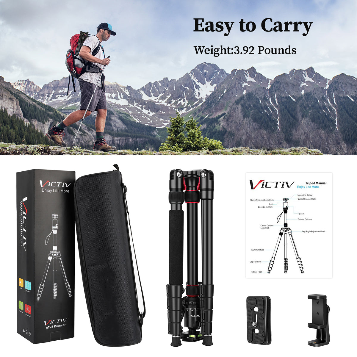 Professional Tripod for Camera, Victiv 81 inch Aluminium Compact Travel Camera Tripod Monopod Heavy Duty with Phone Mount, Compatible with Canon Nikon Sony(us)