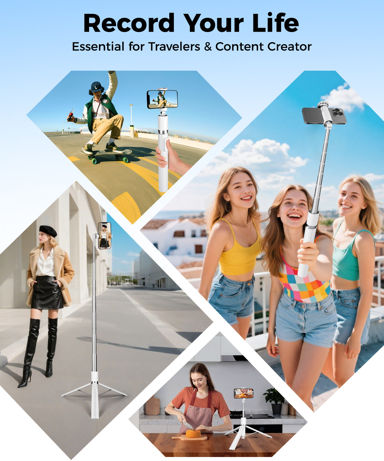 68" Phone Tripod & Selfie Stick with Remote and Fill Light, Auto Open Phone Tripod Stand, Extendable Cell Phone Stand for Video Recording, Travel, Vlogging, Compatible with iPhone/Android(US