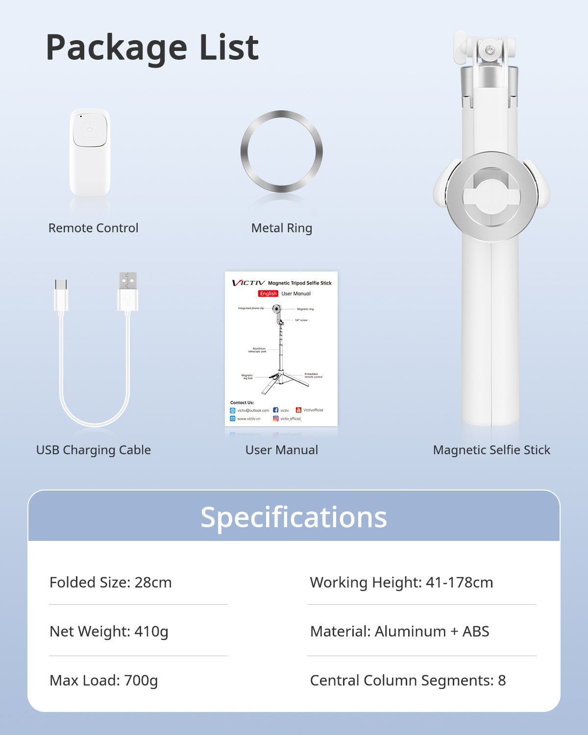 Victiv Magnetic Selfie Stick Tripod for iPhone, 70" Phone Tripod Stand for Filming with Rechargeable Remote, Mag-safe Selfie Stick for Video Recording, Vlogging & Content Creation-White(EU)