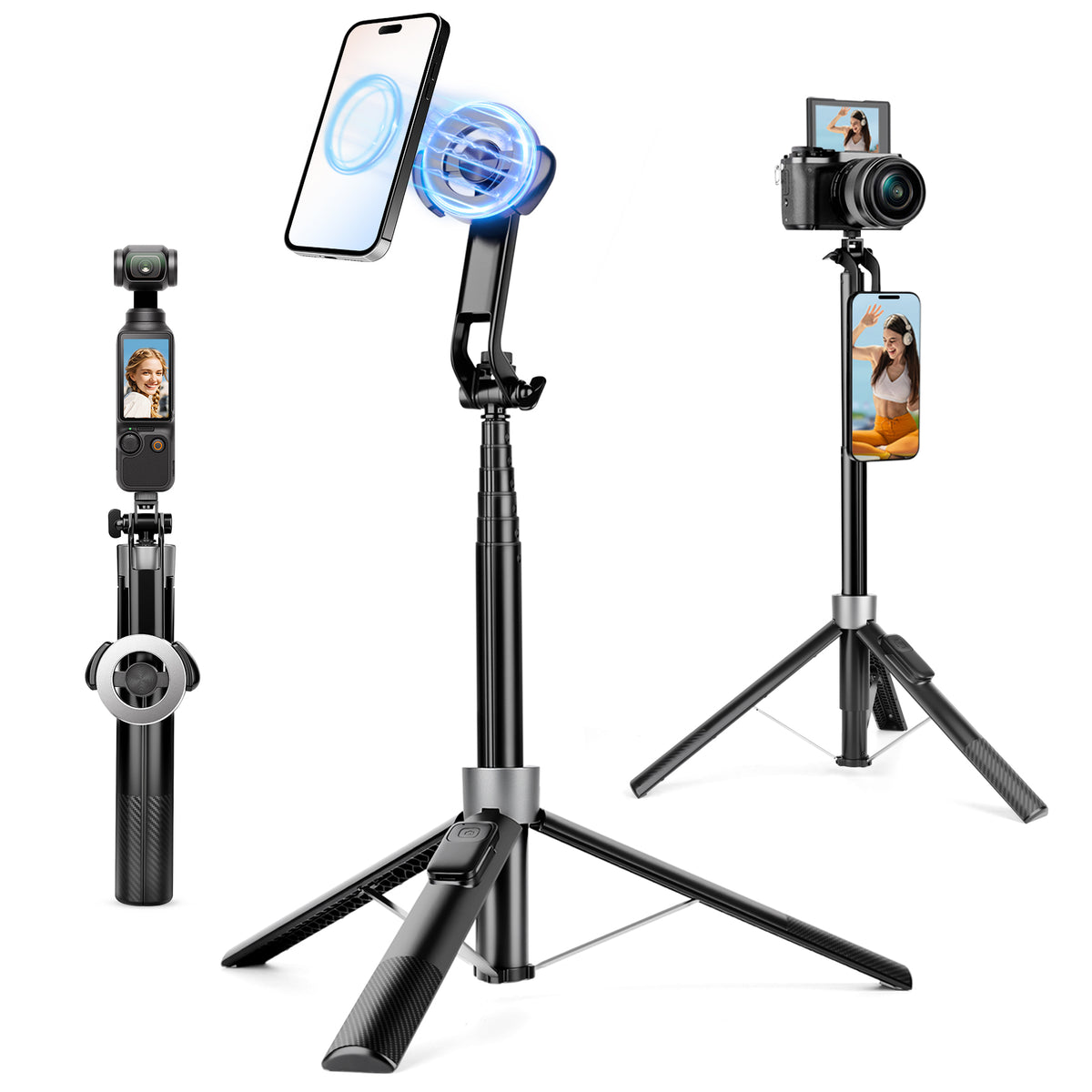 Magnetic Phone Tripod, 70" Selfie Stick Tripod for iPhone Magsafe with Rechargeable Remote & 2 in 1 Magnetic Holder, Portable Cellphone Stand for Recording Travel, Compatible with iPhone and Android-P67