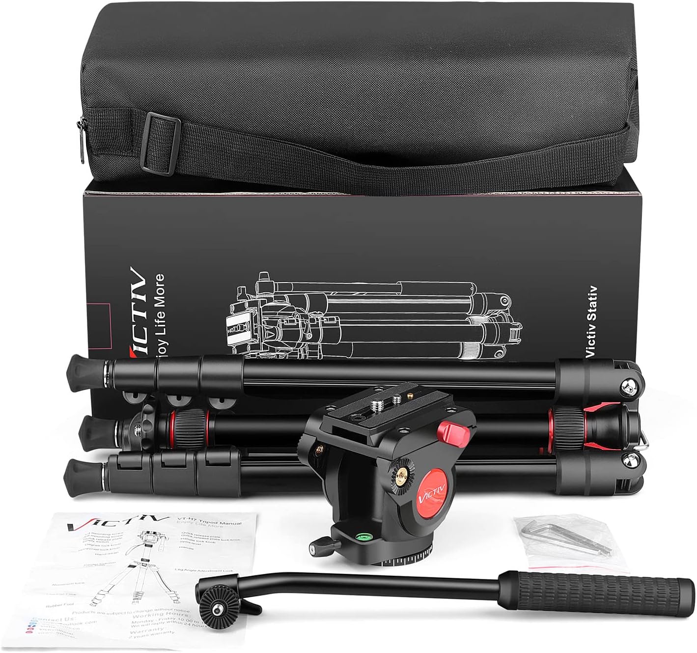 Fluid Head Tripod, Heavy Duty Tripod with Carry Bag, Professional Aluminium Tripod and Monopod for Video Camera Canon Nikon DSLR Camcorder (VT-H7)