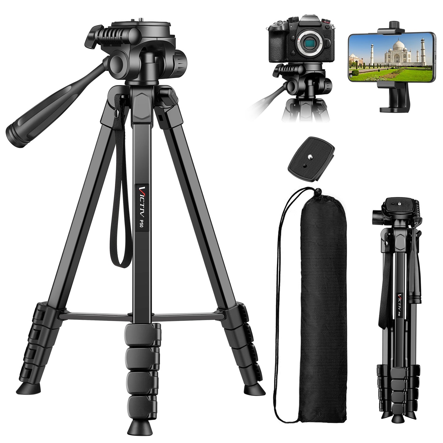 Victiv 67.7" Aluminium Mobile Tripod, Tripod Stand for Phone, Tripod Mobile Holder for Diwali, Travel, Vlog, Lightweight Tripod Stand for Samsung, iPhone, Canon, Xiaomi with Bag (Black)(IN)
