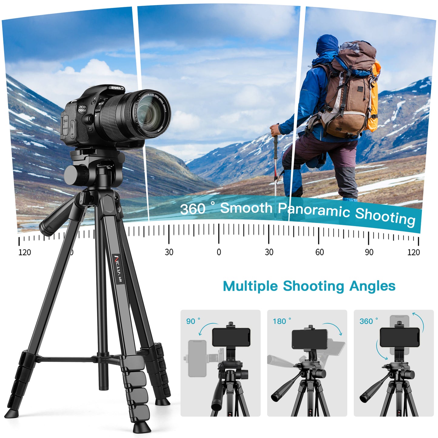 Victiv 67.7" Aluminium Mobile Tripod, Tripod Stand for Phone, Tripod Mobile Holder for Diwali, Travel, Vlog, Lightweight Tripod Stand for Samsung, iPhone, Canon, Xiaomi with Bag (Black)(IN)