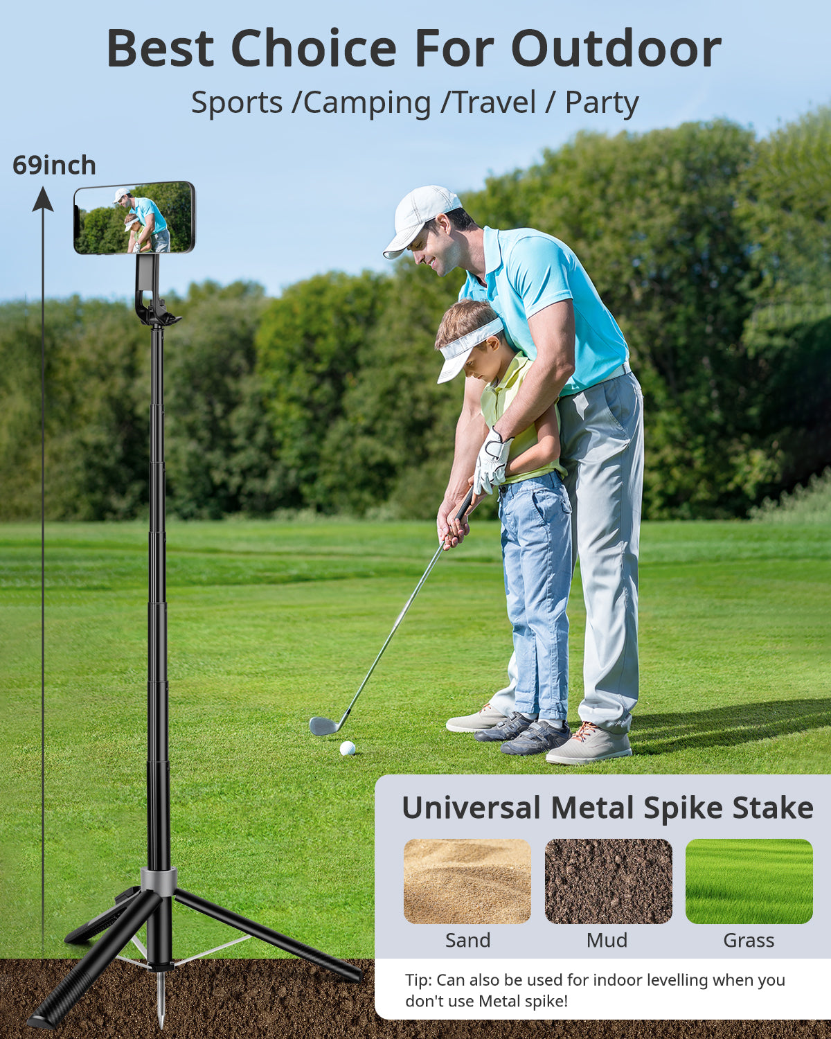 Magnetic Tripod for iPhone, 69" Phone Tripod Selfie Stick with Stake, Remote & 2 in 1 Phone Holder, Extendable Cell Phone Stand for Golf Recording Travel, Compatible with iPhone and Android Cellphone