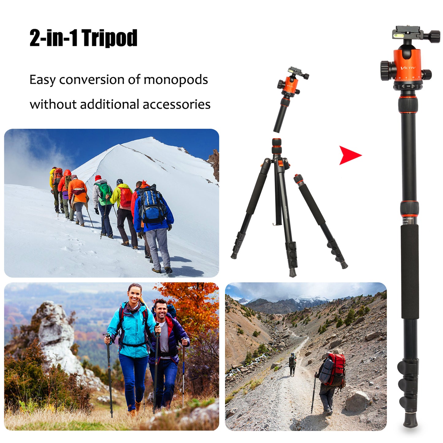 VICTIV Camera Tripod 81 inches Monopod, Aluminum Travel Tripod for DSLR- AT26 Orange