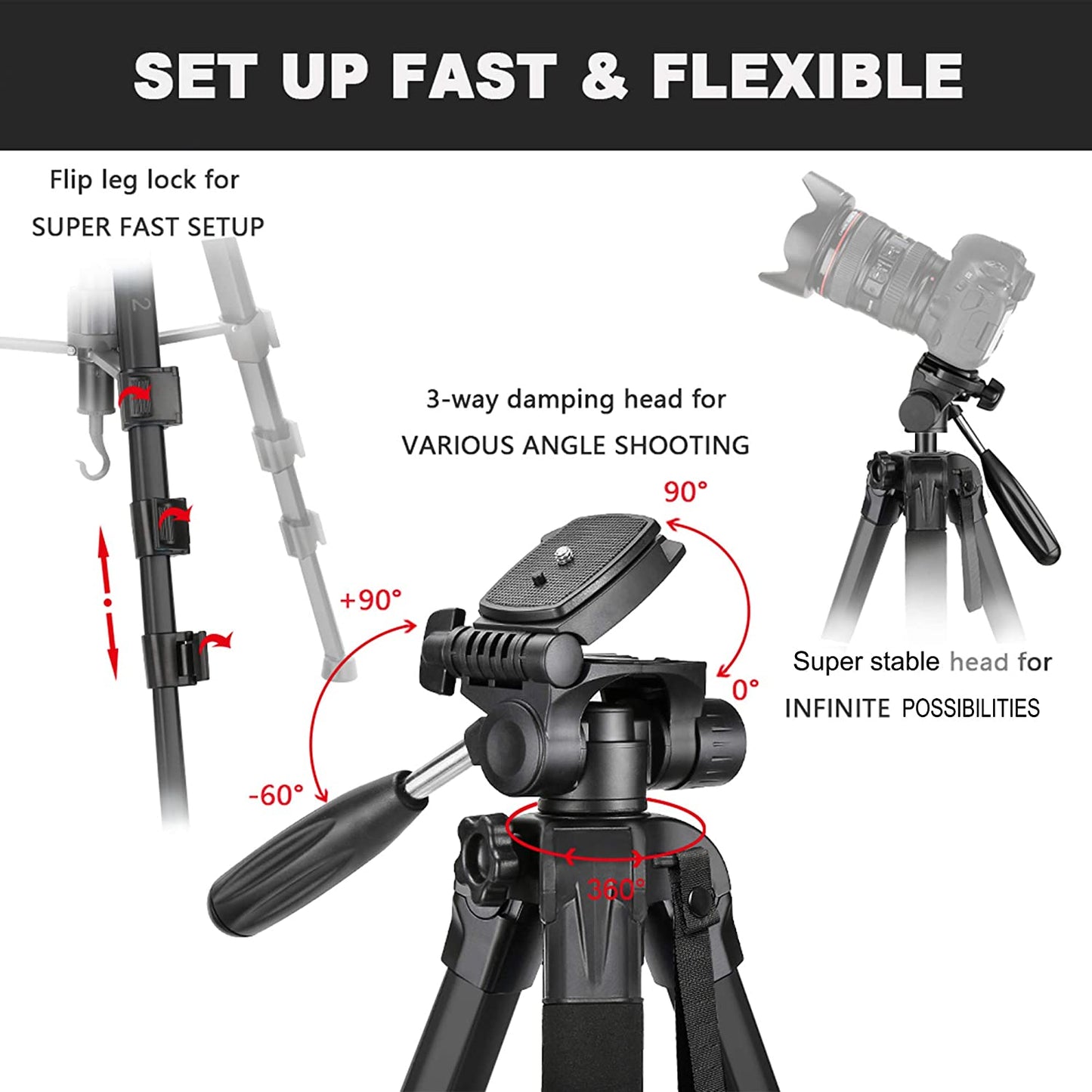 Victiv 72-inch Camera Tripod Aluminum Monopod T72 Max. Height 182 cm - Lightweight and Compact for Travel with 3-way Swivel Head and 2 Quick Release Plates for DSLR Video Shooting - Black
