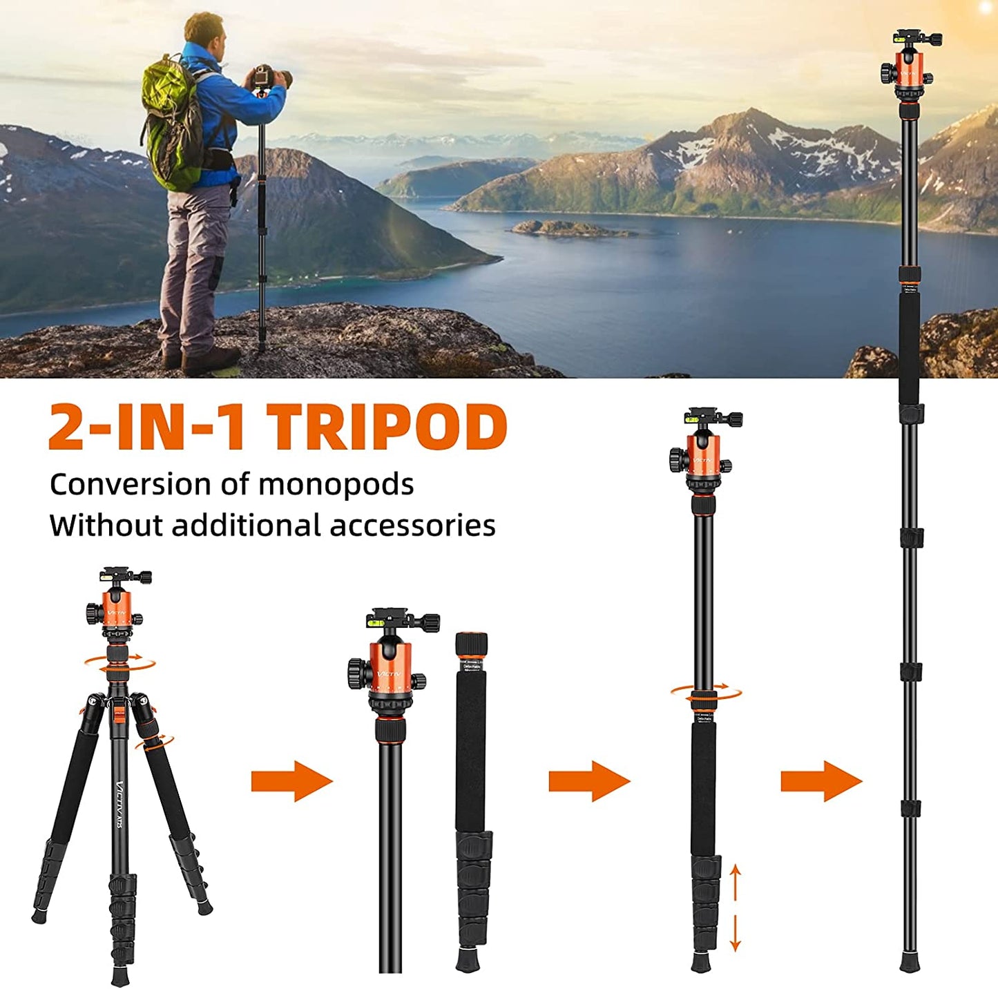 Victiv Camera Tripod Aluminum 81 inch, Tall Tripod/Monopod for DSLR with 36mm Ball Head Supports up to 22 lbs and 16.5 inch When Folded, Heavy Duty Travel Tripod with Carry Bag – Orange