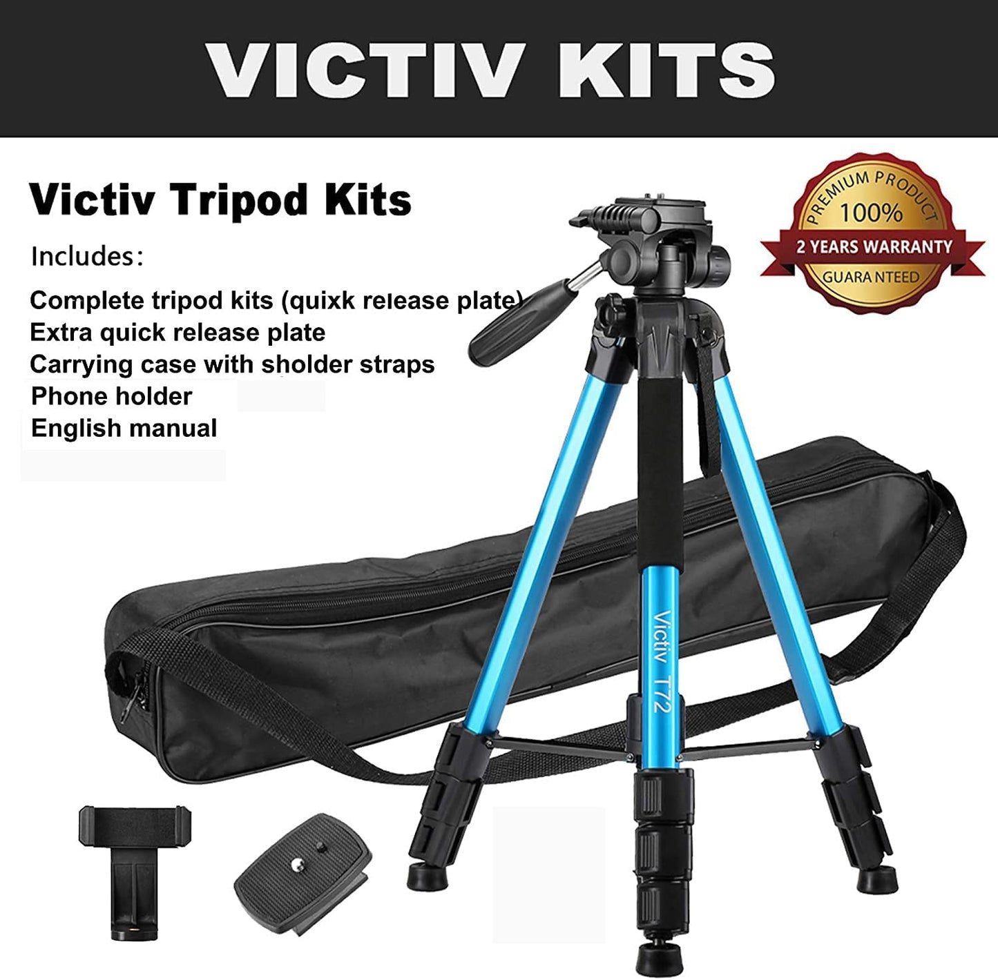 Victiv 72-inch Camera Tripod Aluminum T72 Max Height 182cm- Lightweight Tripod & Monopod Compact for Travel with 3-way Swivel Head and 2 Quick Release Plates for DSLR Video Shooting - Blue