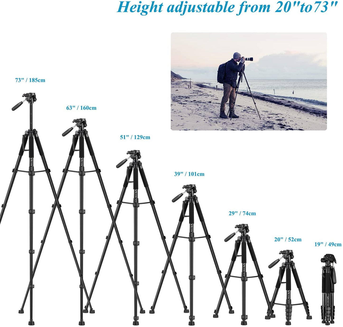 Victiv Camera Tripod 63-73" for Canon Nikon, Lightweight DSLR Camera Stand with Detachable 3-way Swivel Pan Head Max Load 14lb/6.35kg, Aluminum Tripod with Holder and Carry Bag