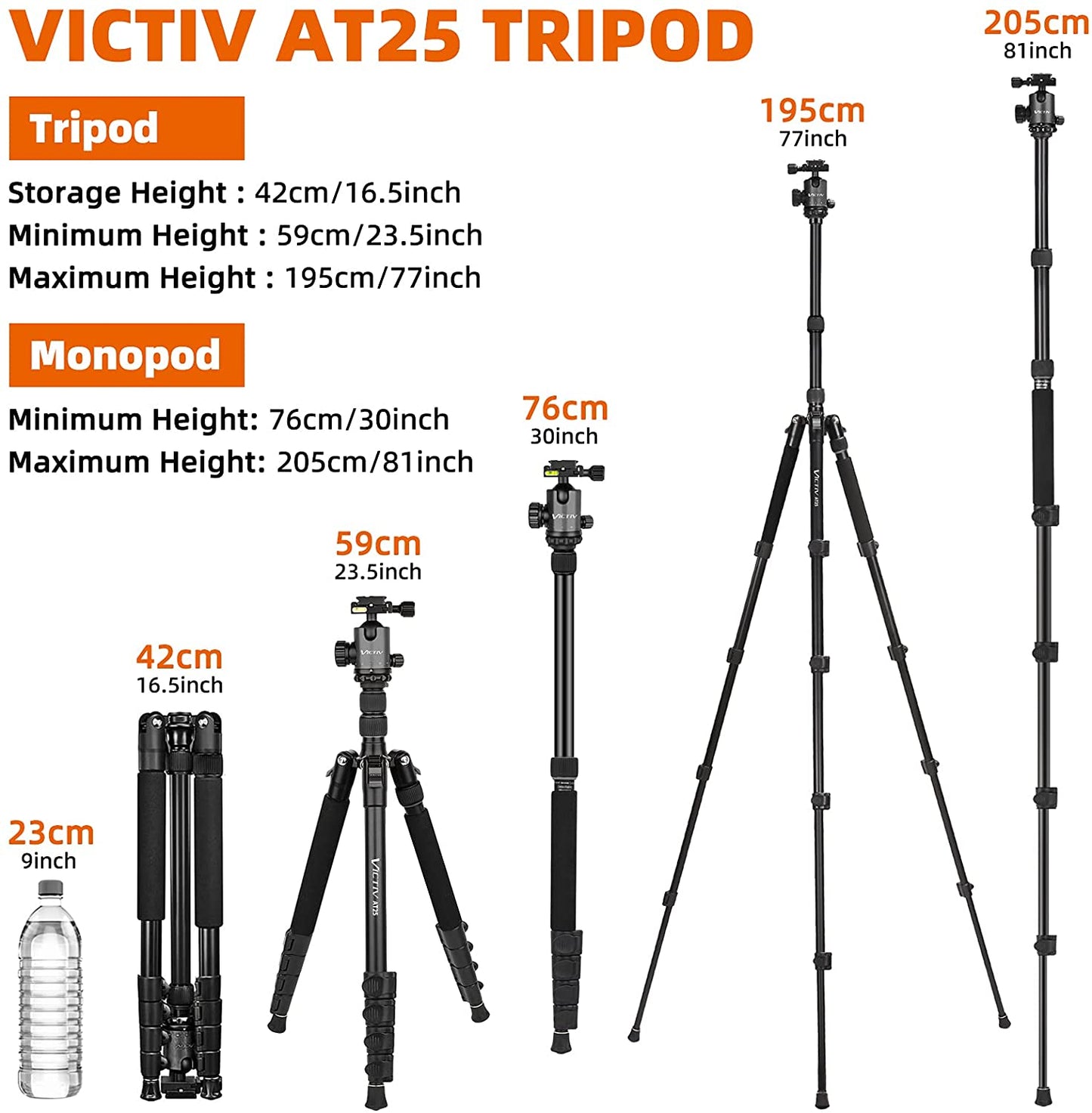 VICTIV 77" Camera Tripod, Travel Tripod for DSLR, Aluminum Professional Tripod with 360° Ball Head, Monopod for Cameras with Carry Bag, Tripod for Spotting Scopes and Binoculars, 34lbs Load-AT25 Black