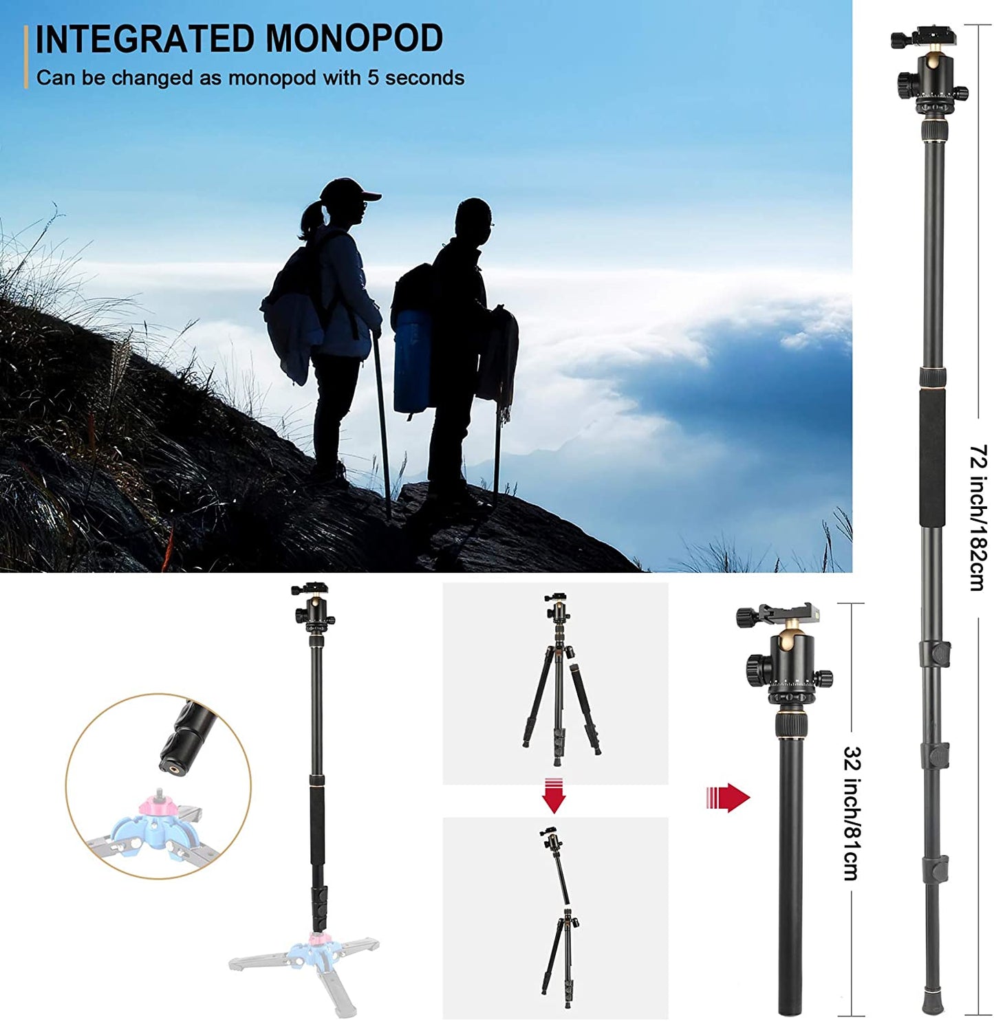 Victiv 72 inches Camera Tripod, Lightweight Aluminum Tripod with Monopod Loads up to 33 lbs, Travel Tripod for DLSR Storage 17 inches with 360° Ball Head and Portable Bag for Photography and Outdoor