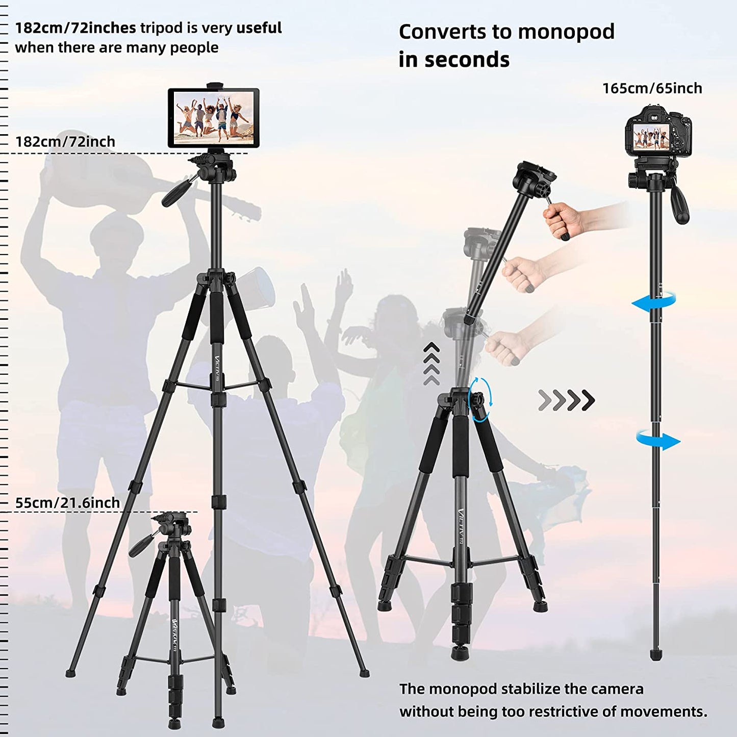 Victiv Camera & Tablet Tripod 72 inches, 2-in-1 Tripod Monopod 12 lbs Load for DSLR, Smartphone and iPAD with 2 Quick Mounts and Tablet Phone Holder for Travel and Work - Black