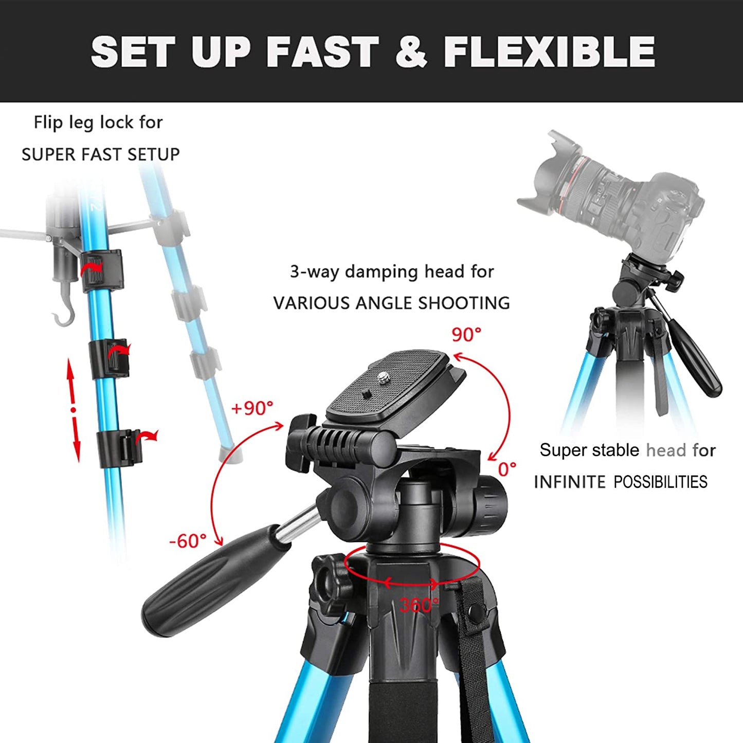 Victiv 72-inch Camera Tripod Aluminum T72 Max Height 182cm- Lightweight Tripod & Monopod Compact for Travel with 3-way Swivel Head and 2 Quick Release Plates for DSLR Video Shooting - Blue