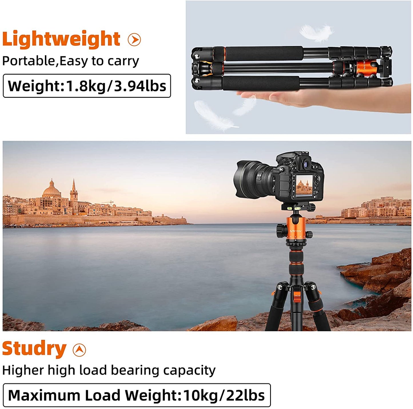 Victiv Camera Tripod Aluminum 81 inch, Tall Tripod/Monopod for DSLR with 36mm Ball Head Supports up to 22 lbs and 16.5 inch When Folded, Heavy Duty Travel Tripod with Carry Bag – Orange