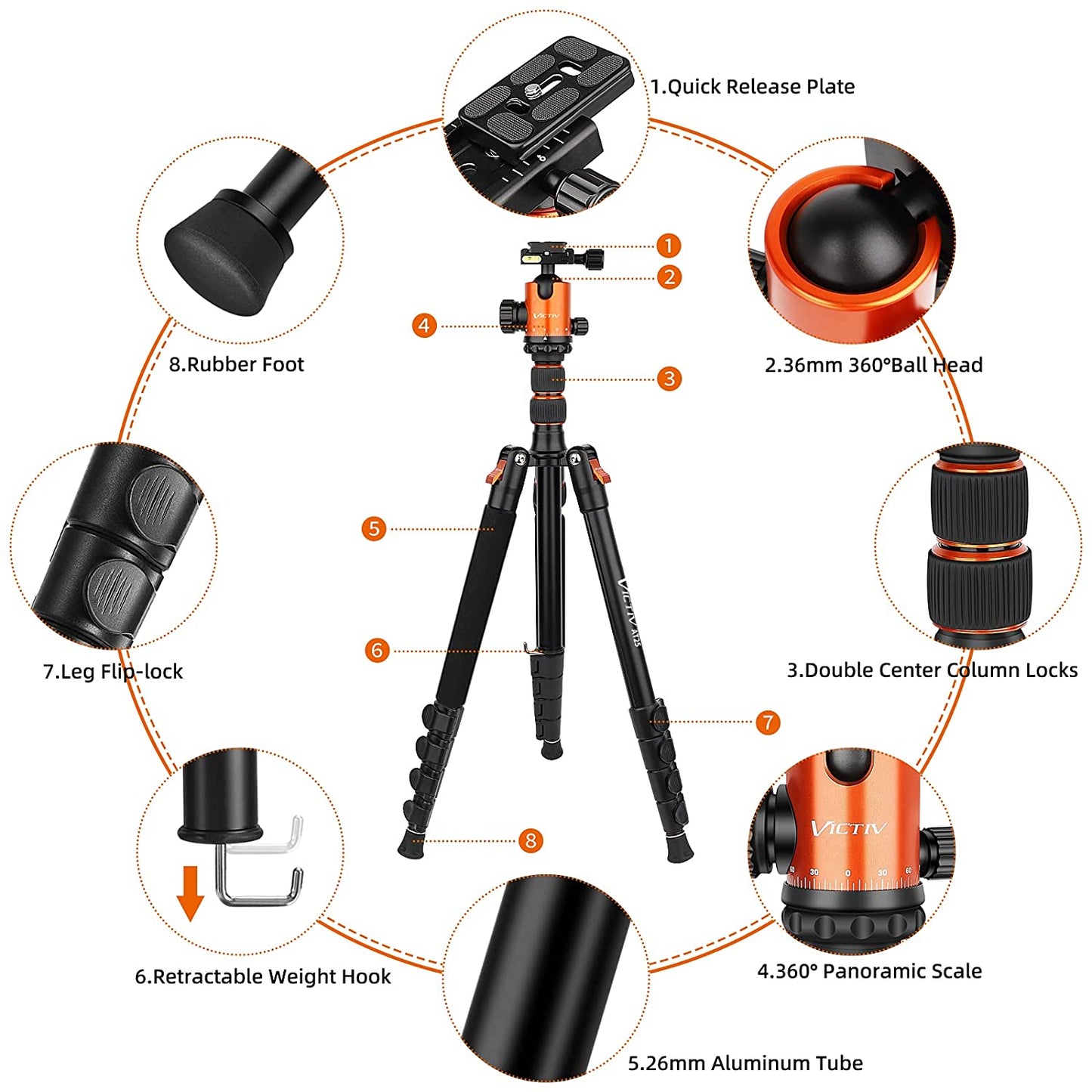 Victiv Camera Tripod Aluminum 81 inch, Tall Tripod/Monopod for DSLR with 36mm Ball Head Supports up to 22 lbs and 16.5 inch When Folded, Heavy Duty Travel Tripod with Carry Bag – Orange