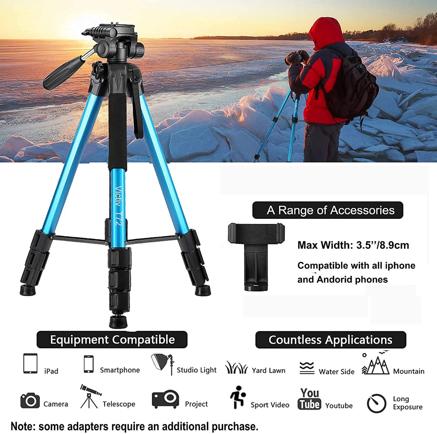 Victiv 72-inch Camera Tripod Aluminum T72 Max Height 182cm- Lightweight Tripod & Monopod Compact for Travel with 3-way Swivel Head and 2 Quick Release Plates for DSLR Video Shooting - Blue